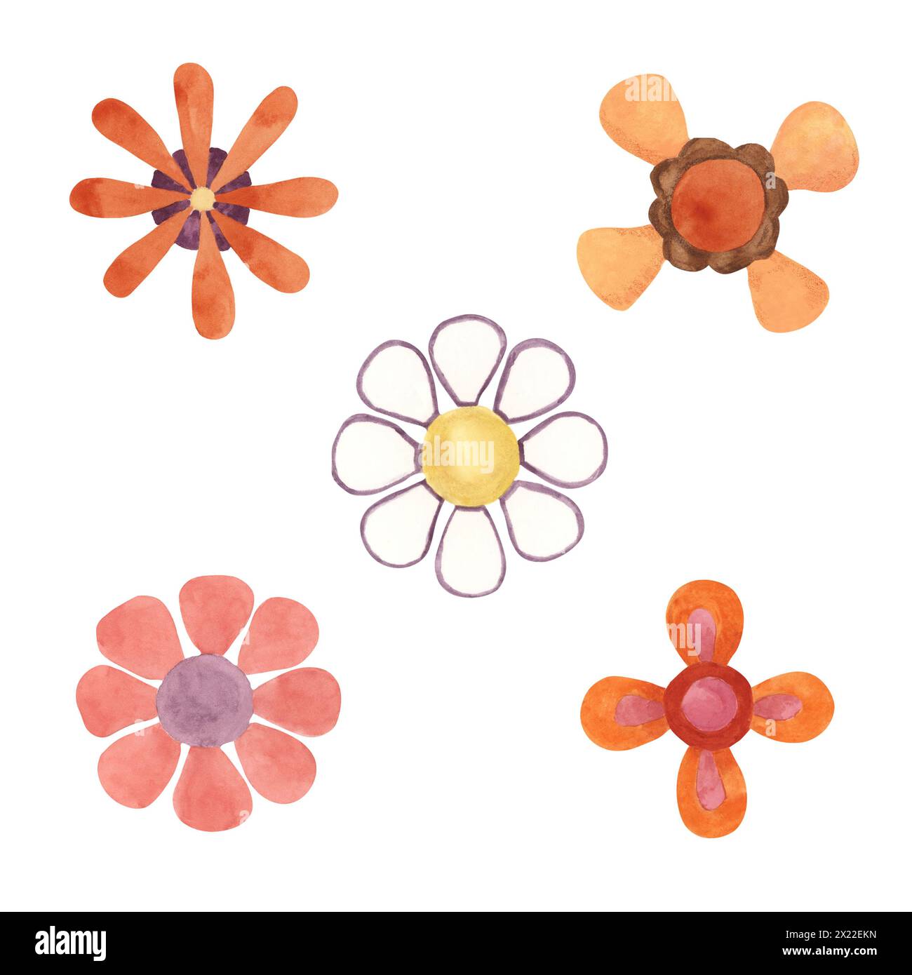 Fleurs rétro dans le style abstrait minimaliste des années 70. Hippie boho indie clipart. Illustration de Marguerite groovy aquarelle pour autocollants de puissance de fleur, conceptions nostalgiques, flyers, impression, citations, style dessin animé Banque D'Images