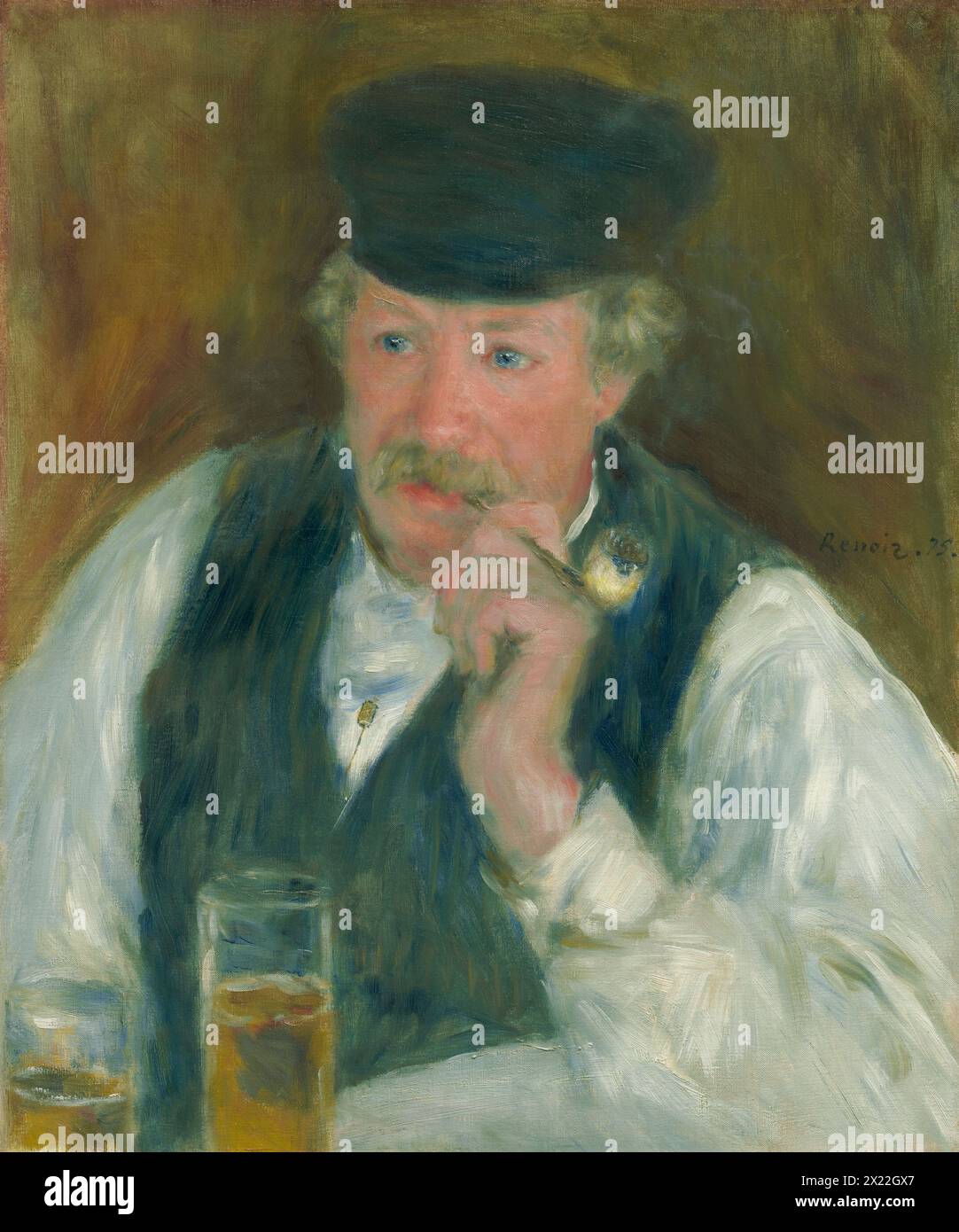 P&#xe8;re Fournaise, 1875. Alphonse Fournaise possédait une entreprise de restauration et de location de bateaux sur une île de la Seine près de Paris. Sa peinture enregistre un moment informel : Fournaise fume sa pipe à une table sur laquelle se dressent deux verres de bière&#x2014;un pour le sitter et un, peut-être, pour le peintre. Banque D'Images