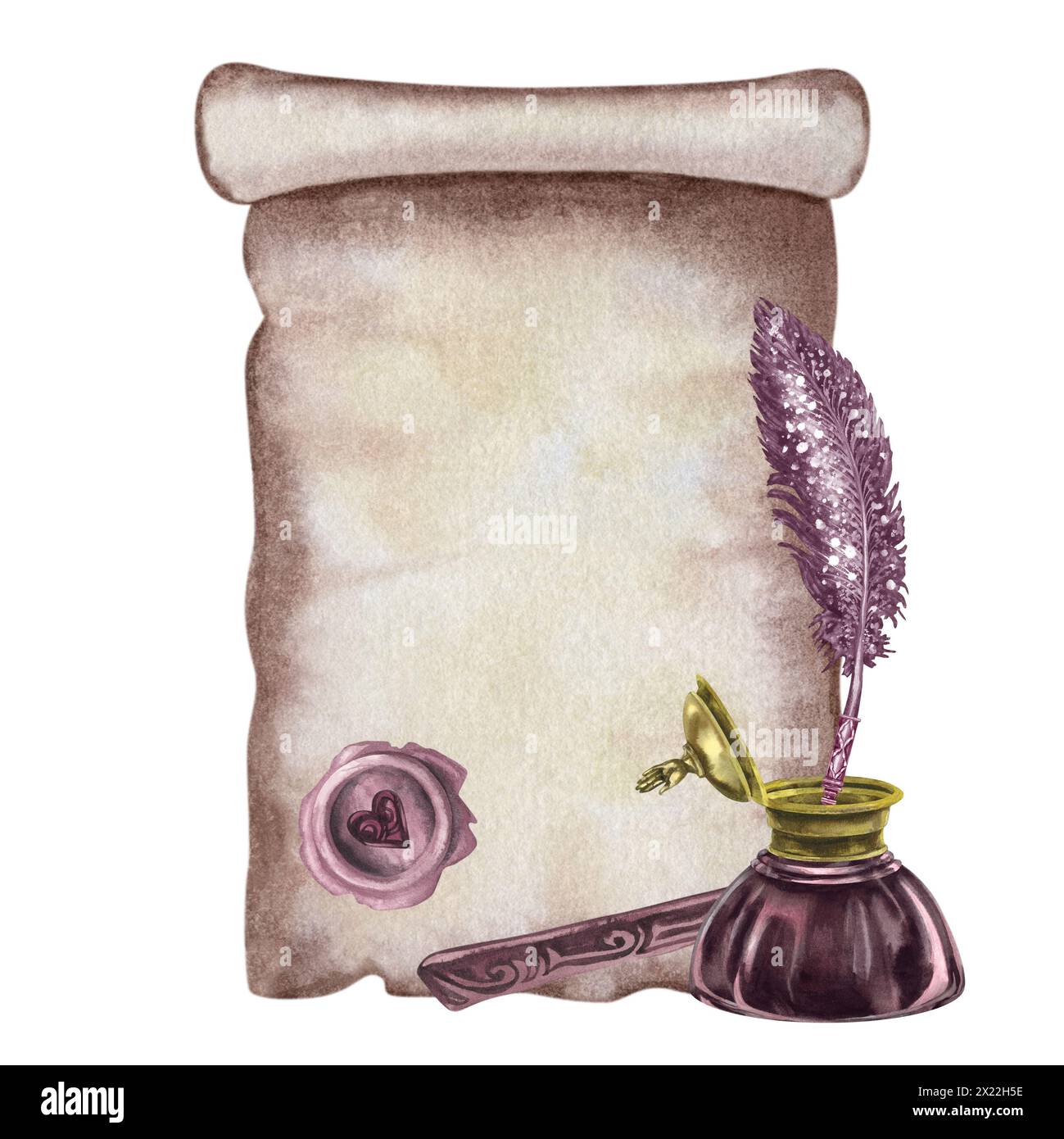 Ensemble d'écriture vintage de stylos fontaines antiques, encriers antiques, parchemin et sceaux de cire. Illustration aquarelle pour les modèles de conception pour Book Day, te Banque D'Images