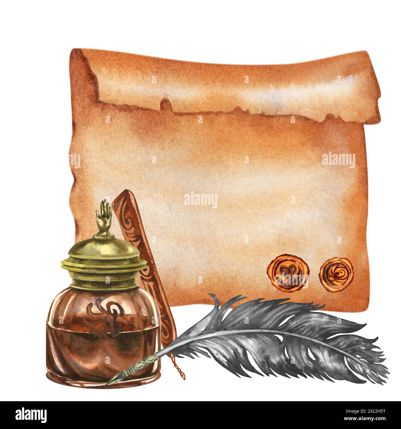 Ensemble d'écriture vintage de stylos fontaines antiques, encriers antiques, parchemin et sceaux de cire. Illustration aquarelle pour les modèles de conception pour Book Day, te Banque D'Images