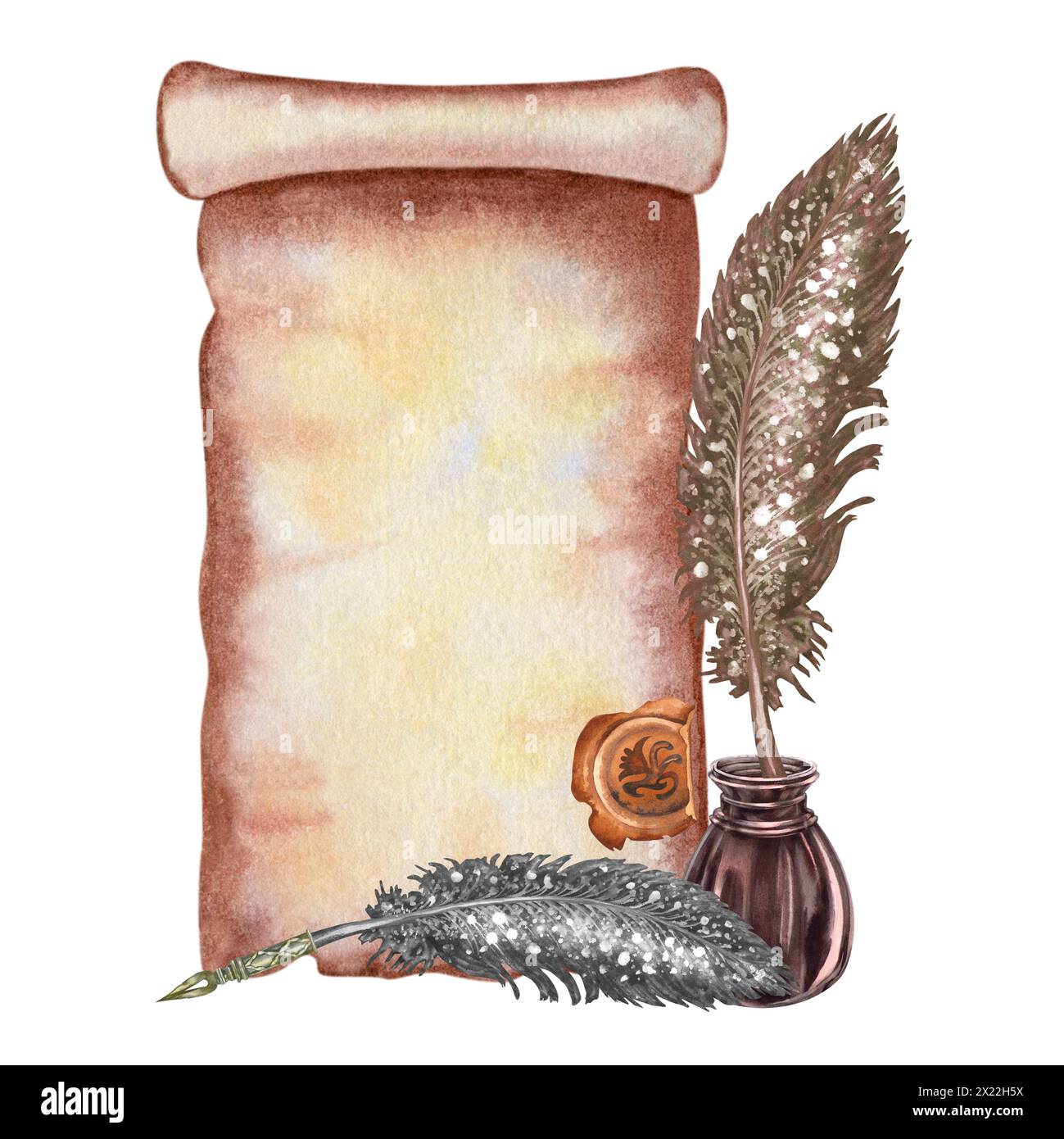Ensemble d'écriture vintage de stylos fontaines antiques, encriers antiques, parchemin et sceaux de cire. Illustration aquarelle pour les modèles de conception pour Book Day, te Banque D'Images