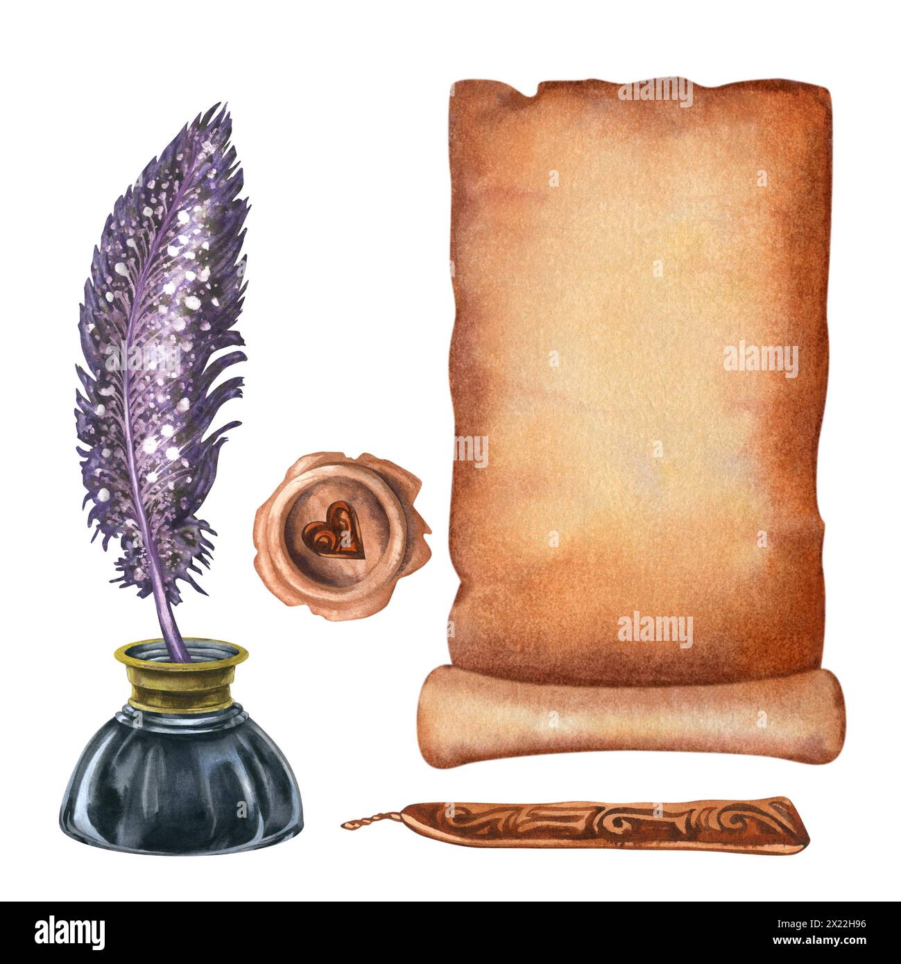 Ensemble d'écriture vintage de stylos fontaines antiques, encriers antiques, parchemin et sceaux de cire. Illustration aquarelle pour les modèles de conception pour Book Day, te Banque D'Images