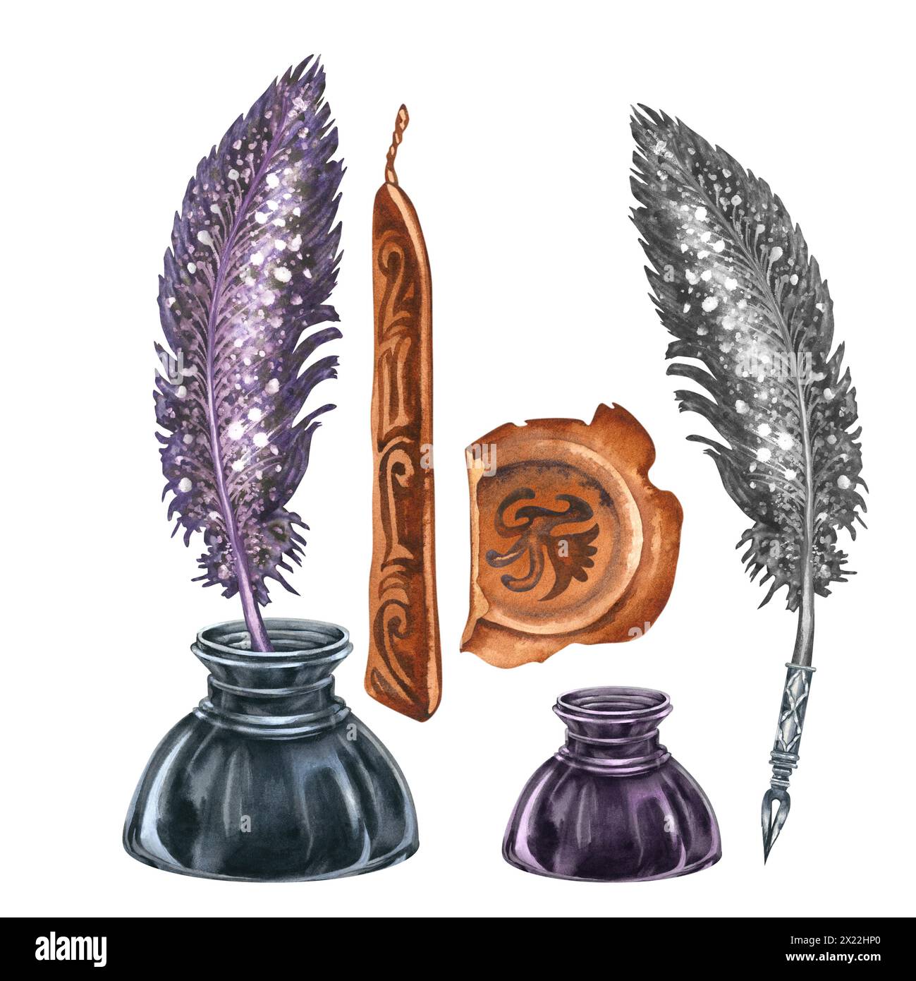 Ensemble d'écriture vintage de stylos fontaines antiques, encriers antiques et sceaux de cire. Illustration aquarelle pour les modèles de conception pour le jour du livre, jour de l'enseignant Banque D'Images