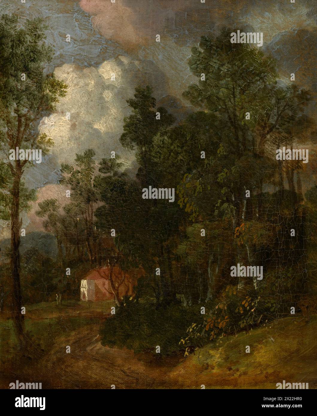 Un paysage boisé avec des figures par une maison, c1790. Banque D'Images