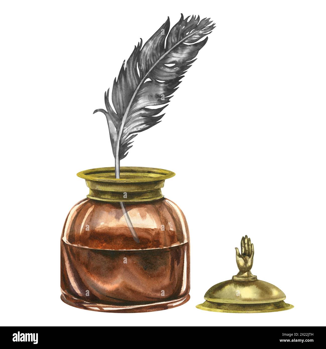 Vintage Vintage ensemble d'écriture de puits d'encre antique brun or antique. Illustration aquarelle pour les modèles de conception d'invitation et de carte de visite pour Book Banque D'Images