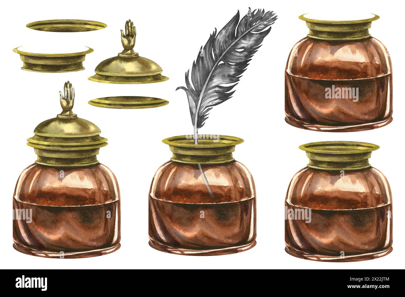 Vintage Vintage ensemble d'écriture de puits d'encre antique brun or antique. Illustration aquarelle pour les modèles de conception d'invitation et de carte de visite pour Book Banque D'Images