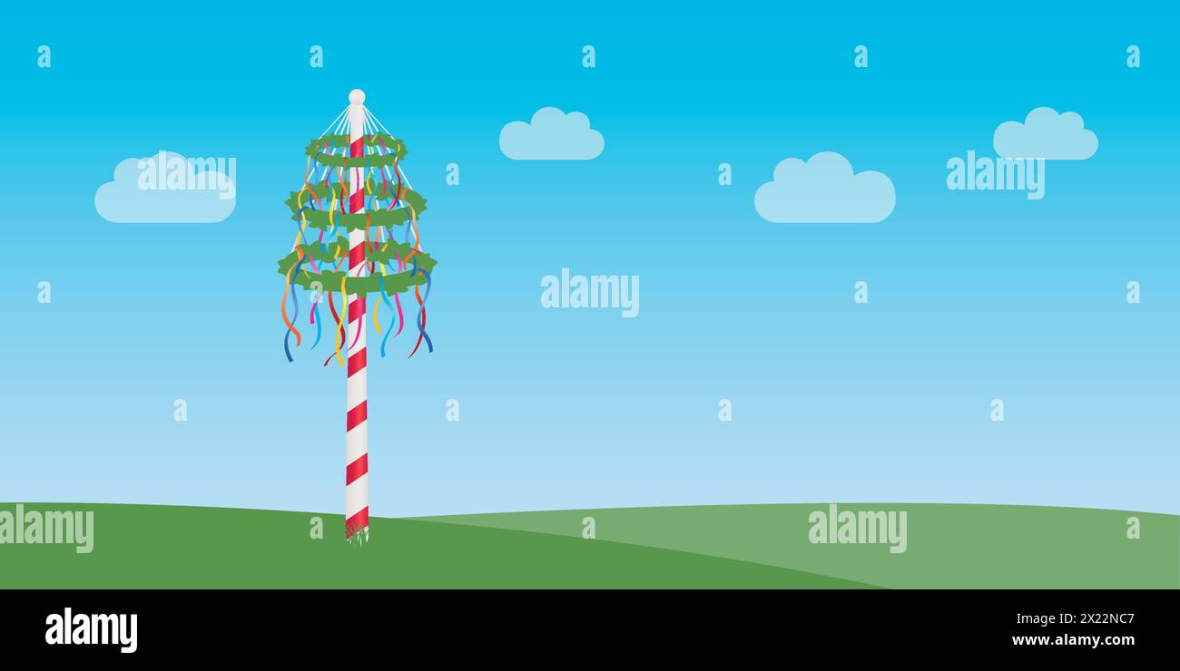maypole avec rubans colorés sur vert Prairie vector illustration EPS10 Illustration de Vecteur