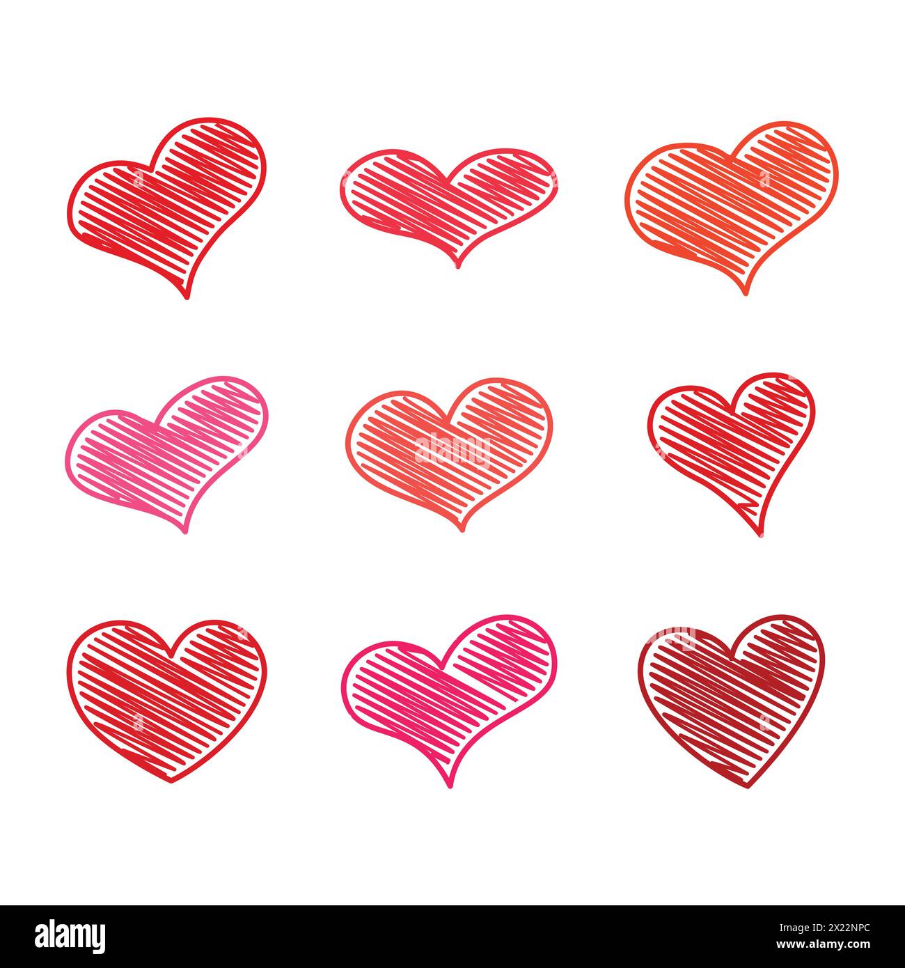 Ensemble de neuf coeurs gribouillés rouges. Symbole de l'amour. Illustration vectorielle. Illustration de Vecteur