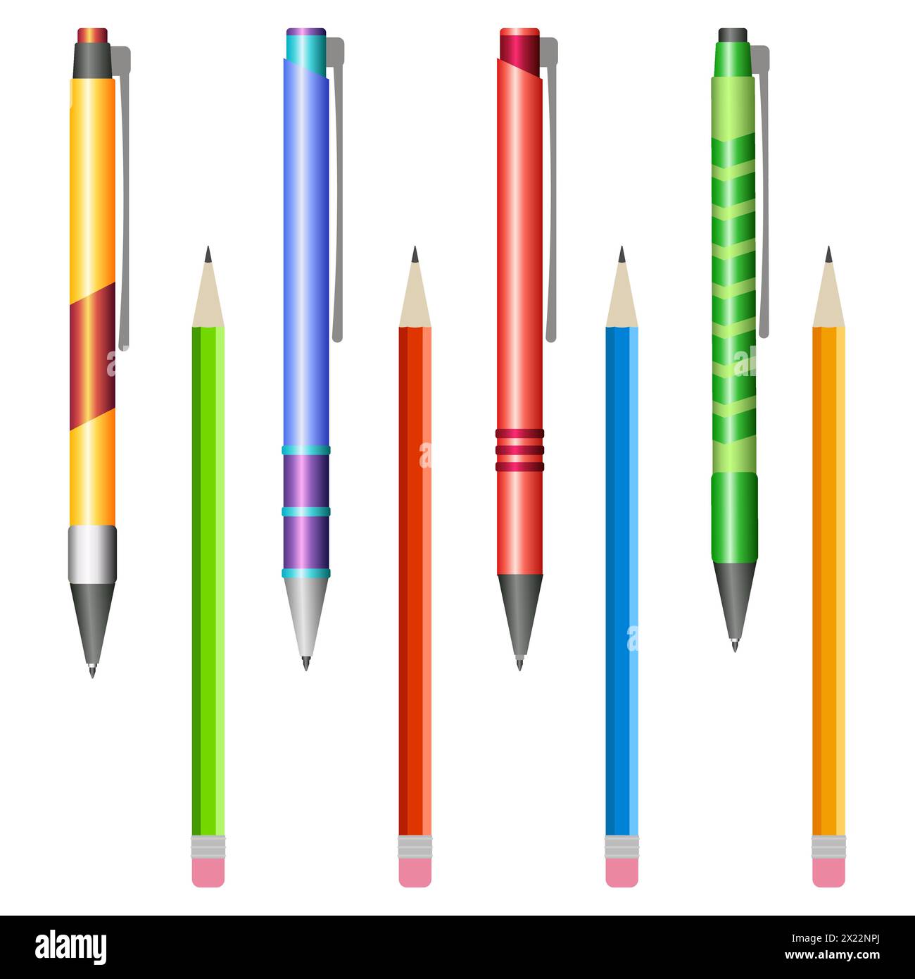 Ensemble de stylos multicolores et crayons sur un fond blanc Illustration de Vecteur