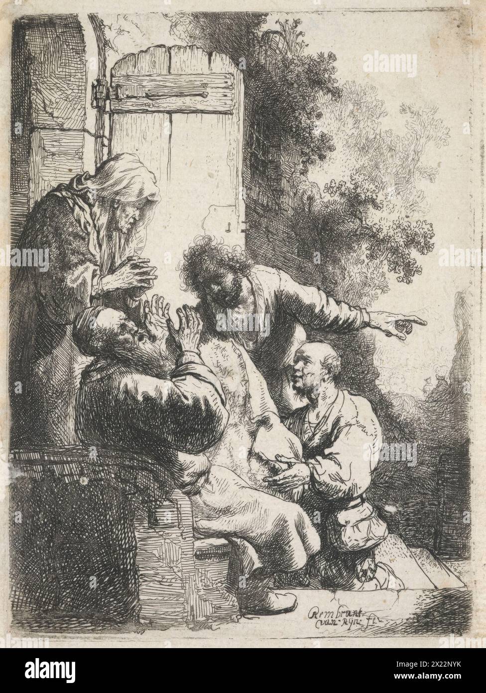 Le manteau de Joseph apporté à Jacob, c.1633. Les conséquences tragiques, lorsque les frères de Joseph se sont retournés contre lui, sont décrites dans Genèse 37:12-35. Dans sa gravure, la nouvelle immédiate est transmise au dévasté Jacob, qui jette la tête en arrière et lève les mains dans l'horreur à la vue du manteau. L'un des fils, probablement Ruben, joue l'histoire, tandis que son frère Juda est plus calme, feignant l'inquiétude. Son sac à main volumineux trahit la vérité derrière la tromperie. Leah, sa mère âgée, se tient à la porte, regardant la bouche ouverte, et attire nerveusement ses mains ensemble Banque D'Images