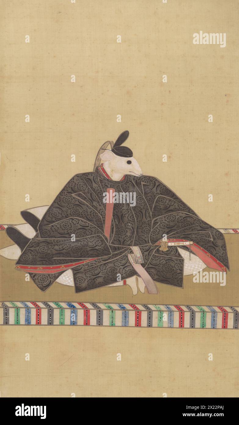 Un daimyo, 1800-1840. Yamato-e - peinture de style classique sur soie - apparemment d'un riche aristocrate, peut-être un daimyo ou «seigneur», mais avec la tête d'un rat. Il est impossible de déterminer si elle renvoie à un chiffre précis, mais sa conception était peu susceptible d'être insultante. Des images animales allusives peuplent les cycles zodiacaux du calendrier. Le rat, par exemple, était associé à Daikoku, le Dieu de la richesse. Banque D'Images