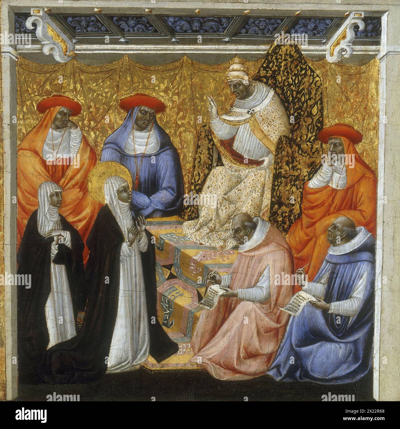 Prog Catherine devant le Pape à Avignon, 1460. Sainte Catherine, canonisée en 1461 par le pape Pie II, est née à Sienne vers 1347. Malgré l'opposition de sa famille, qui souhaitait qu'elle se marie et forme une famille, elle entre dans l'ordre dominicain en tant que tertiaire. La sainte, qui mena une vie de privation et de pénitence, consacra son existence aux soins des malades. Banque D'Images