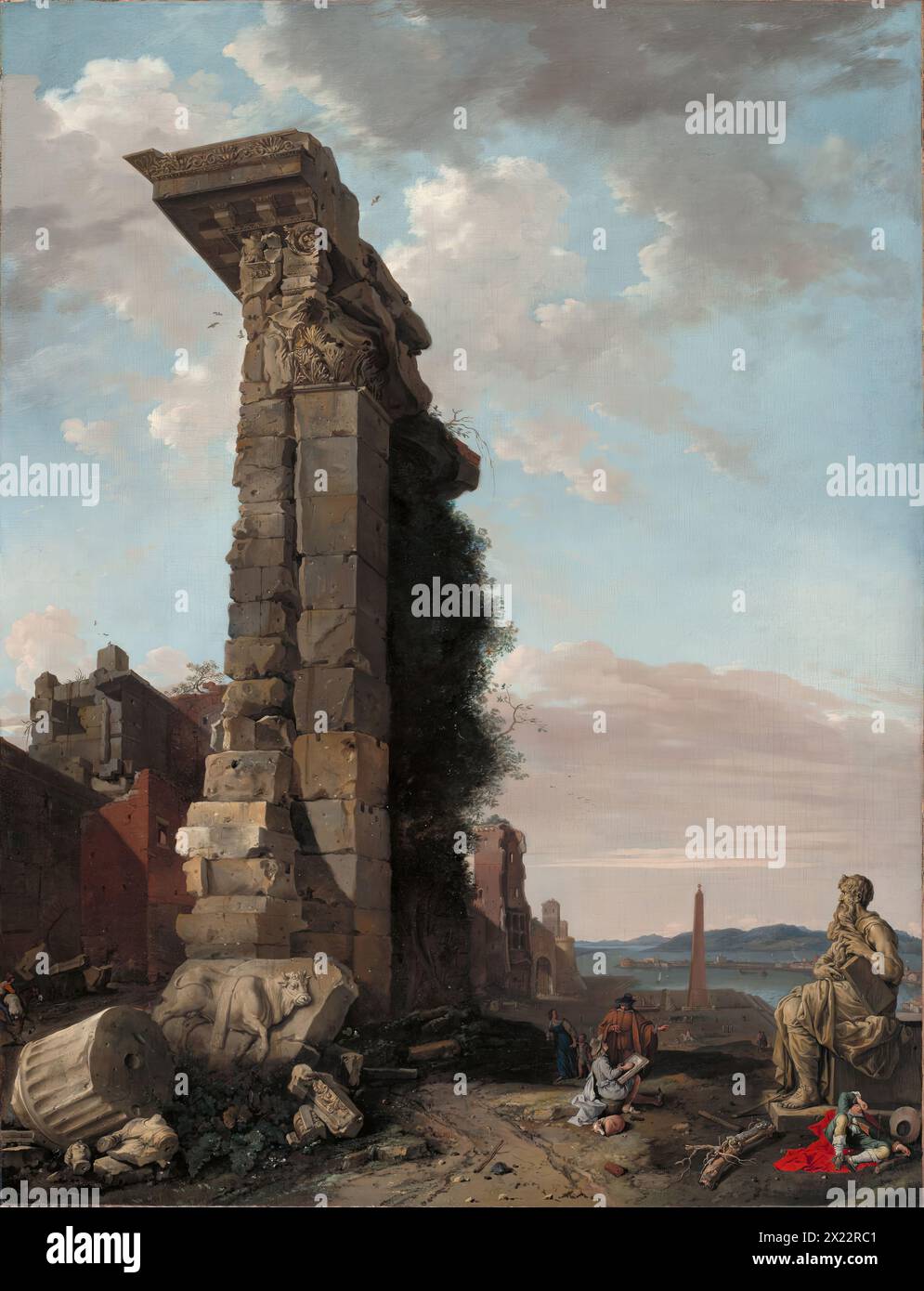 Capriccio avec ruines romaines, sculptures et un port, 1650. Banque D'Images