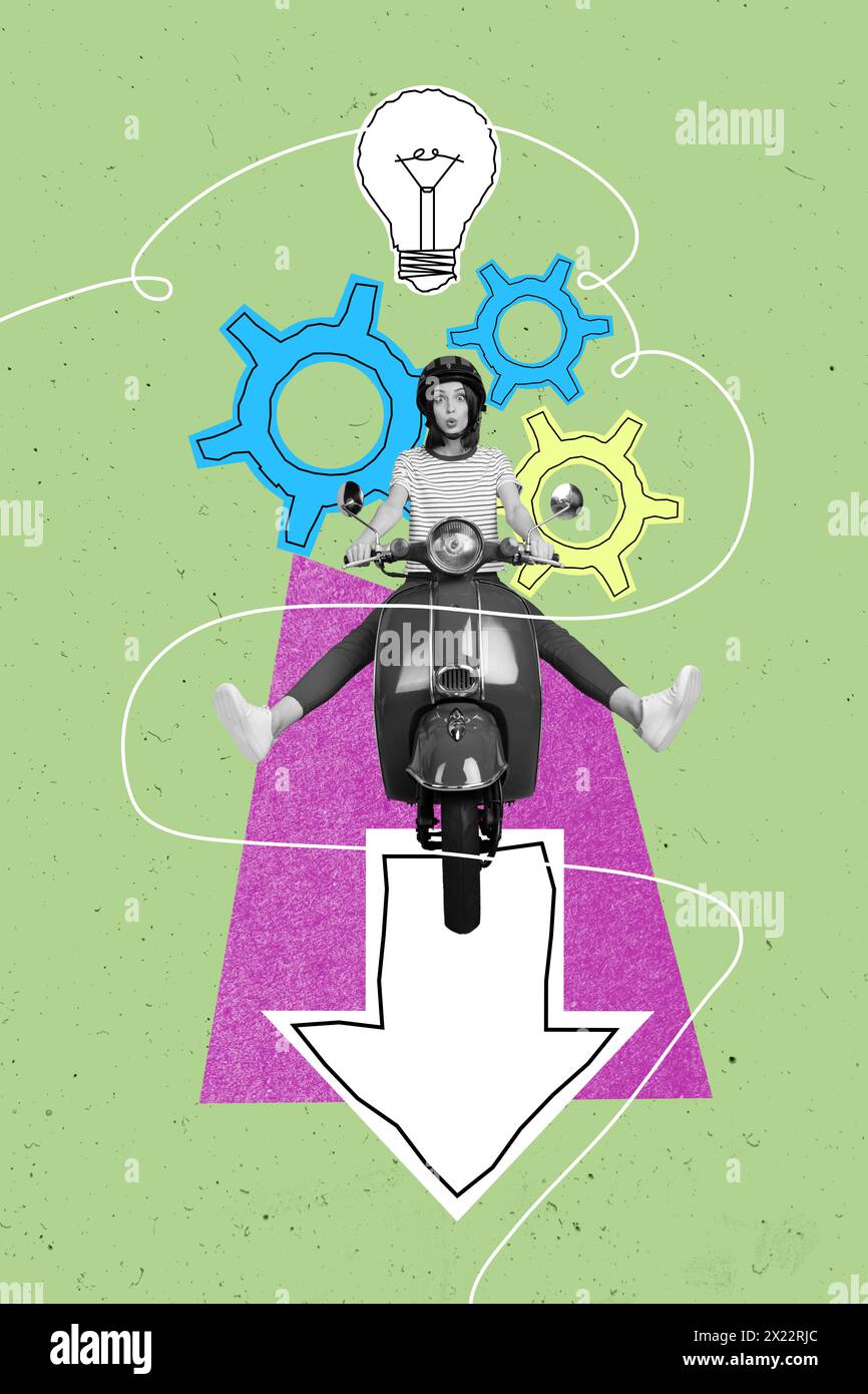 Illustration d'image de collage d'une femme mignonne drôle chevauchant conduisant voyage de cyclomoteur isolé sur fond de dessin Banque D'Images