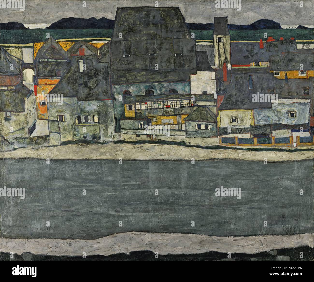 Maisons sur la rivière (la vieille ville), 1914. Pendant longtemps, ce paysage urbain a été identifié à tort comme une vue urbaine de Wachau, une ville de basse-Autriche où Schiele a peint à plusieurs reprises, jusqu'à ce qu'il soit démontré par la suite que la scène représentait en fait Krumau, un petit village bohème sur les rives de la Moldava (maintenant Cesky´ ; Krumlov, République tchèque). Banque D'Images