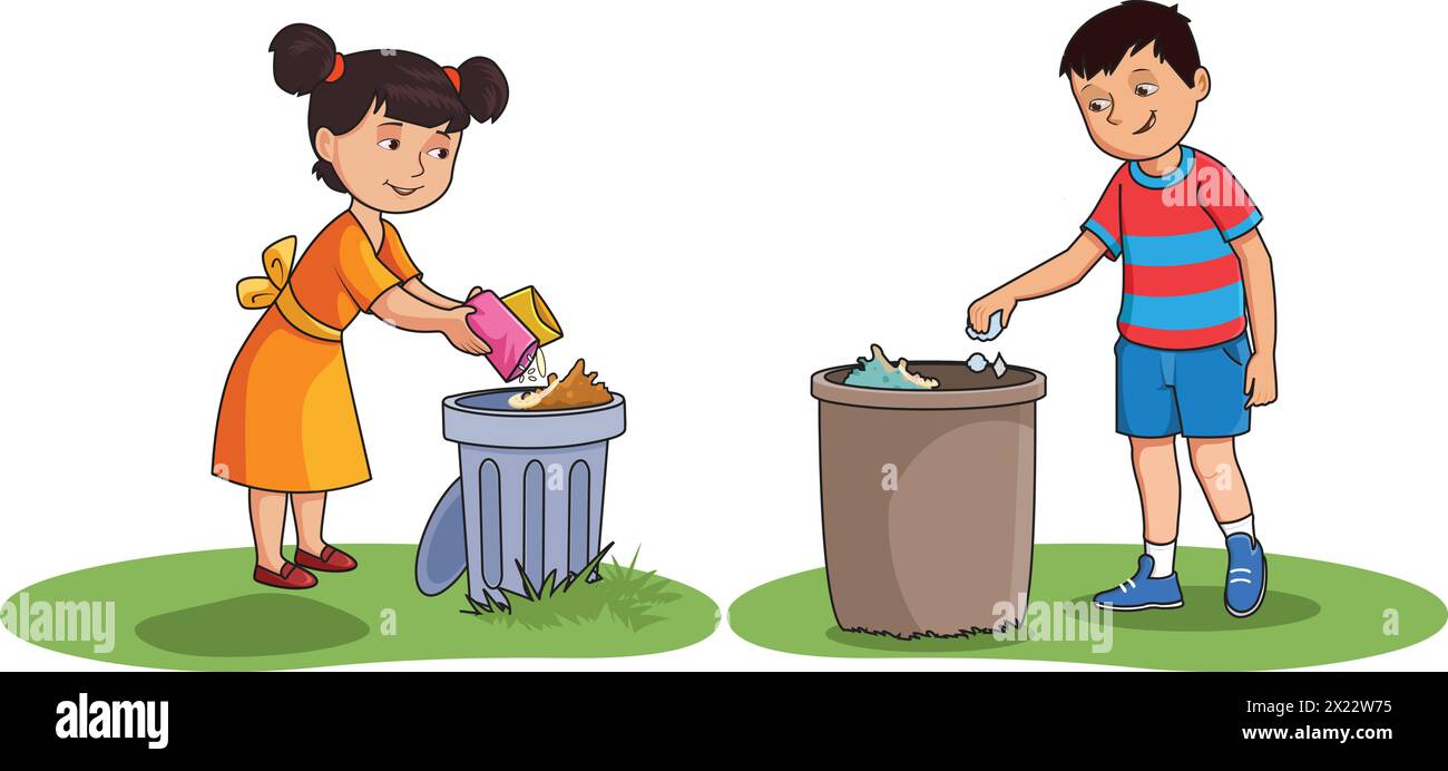 Fille et garçon jetant des ordures dans l'illustration vectorielle des poubelles Illustration de Vecteur