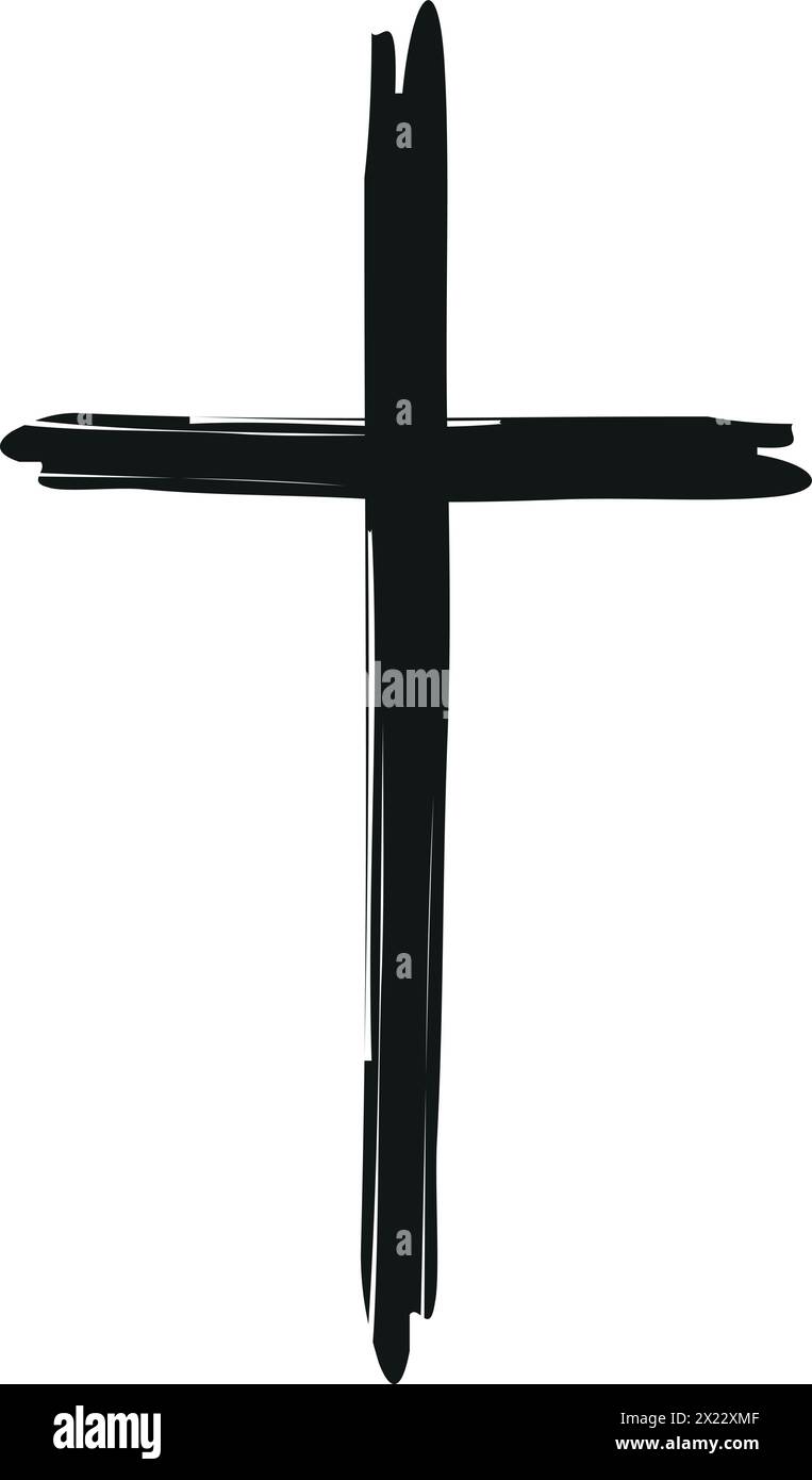 Icône de croix grunge noire dessinée à la main, signe de croix chrétienne simple, croix peinte à la main, pinceaux peints à la croix. Fond de Pâques.. Illustration de Vecteur