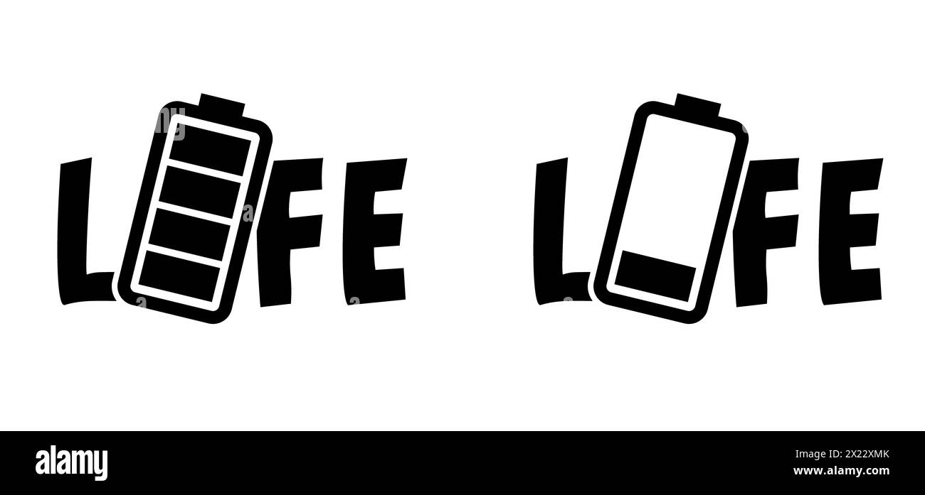 Énergie vitale. Slogan durée de vie de la batterie ou bonnes vibrations. Charge, indicateur de charge. Niveau de batterie, puissance, charge vide. Banque D'Images