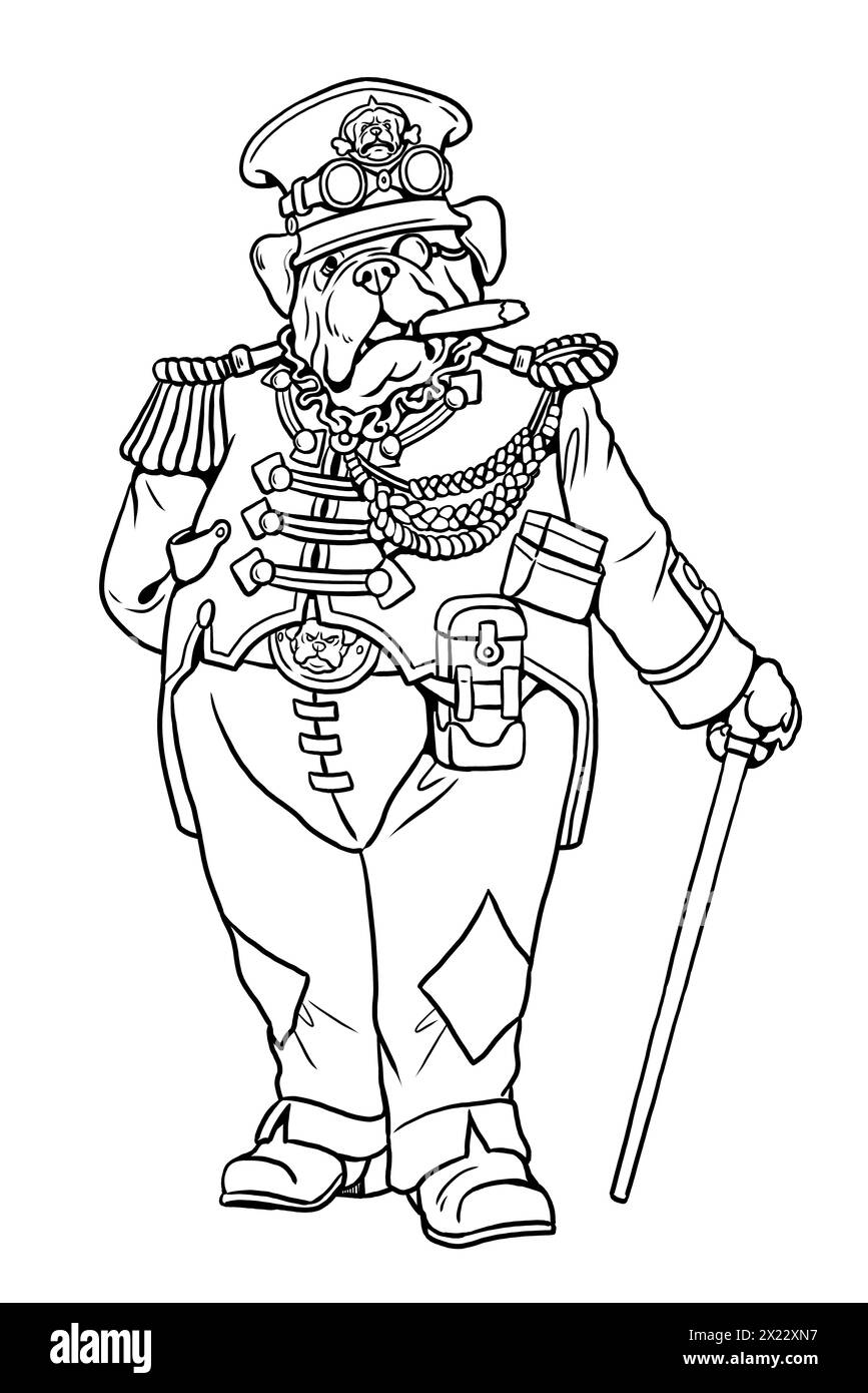 Dessin fait à la main avec un chien dans des vêtements steampunk. Mastiff drôle habillé comme un général pour la coloration. Banque D'Images