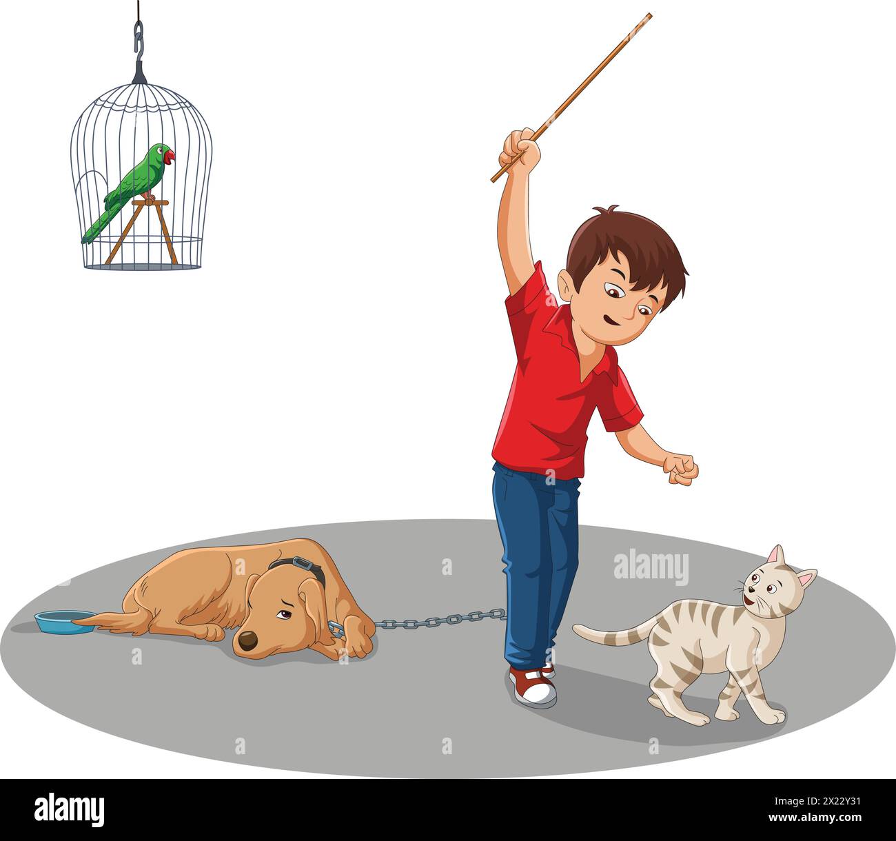 Illustration vectorielle montrant un perroquet en cage, un chien enchaîné et un garçon frappant un chat Illustration de Vecteur