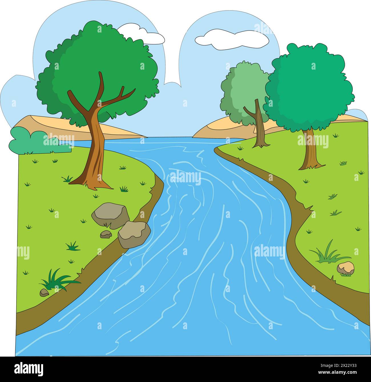 Illustration vectorielle montrant un ruisseau de rivière avec des arbres des deux côtés et des nuages en arrière-plan Illustration de Vecteur