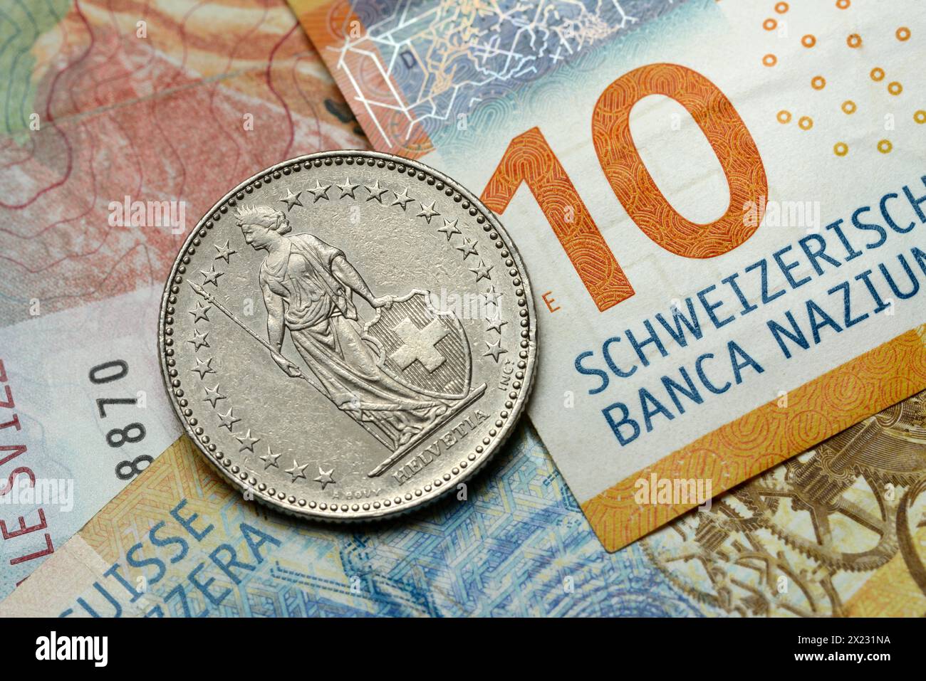 Pièce suisse sur billets de banque, franc suisse, Suisse Banque D'Images