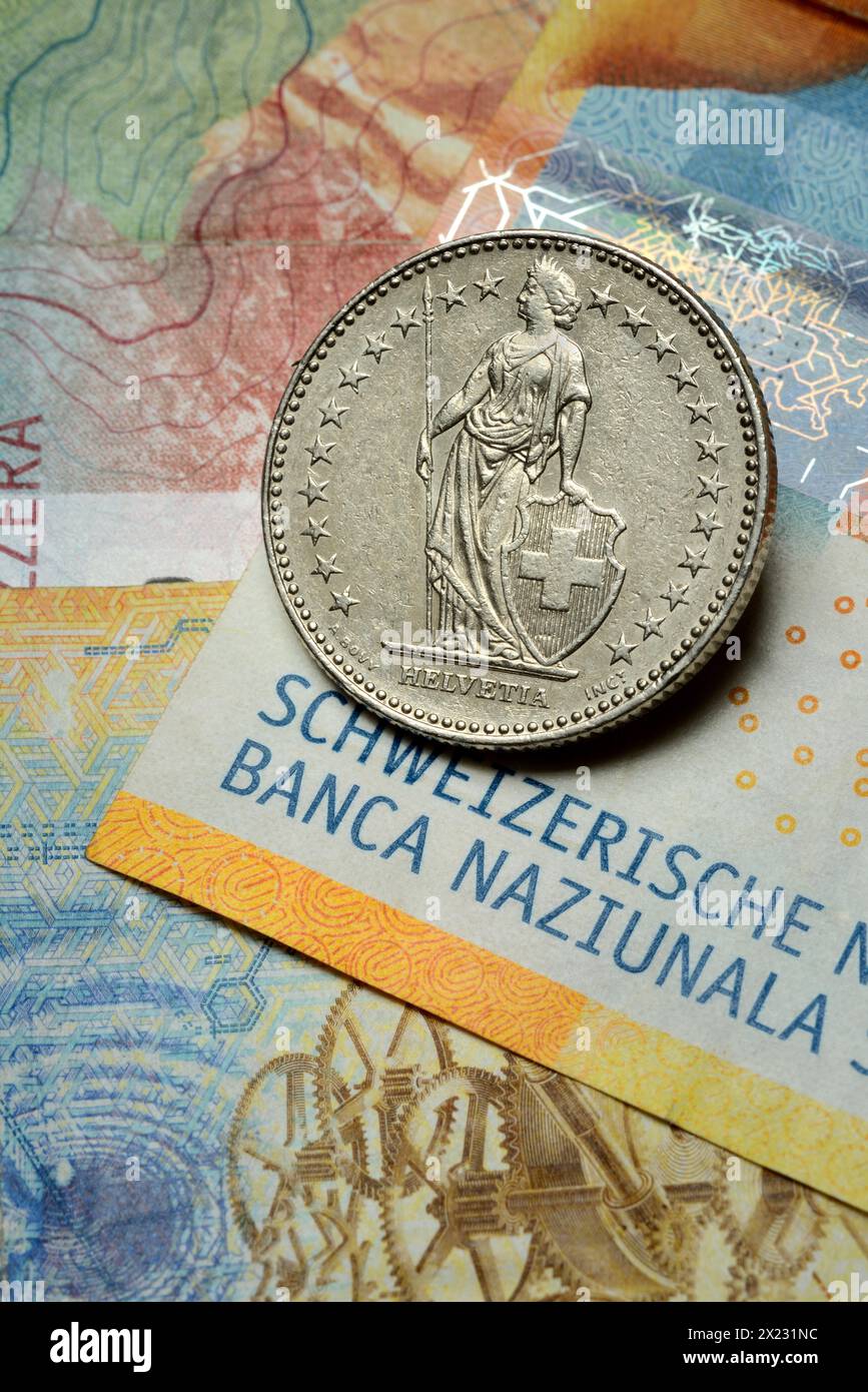 Pièce suisse sur billets de banque, franc suisse, Suisse Banque D'Images