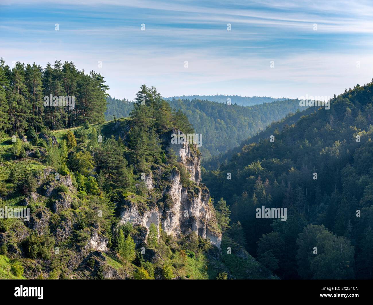 Vue sur la vallée de Puettlach avec des rochers et des forêts près de Pottensteind, Suisse franconienne, Alb franconien, haute-Franconie, Franconie, Bavière Banque D'Images