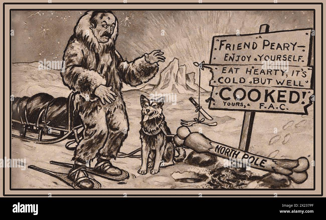 Une vieille image de dessin animé montrant Robert Edwin Peary Sr. (1856-1920) qui a été crédité de manière controversée d'être le premier explorateur à atteindre le pôle Nord. Frederick Albert Cook (1865-1940) prétendait avoir atteint le pôle avant lui, d'où l'avis dans la caricature, signé F A C) Banque D'Images