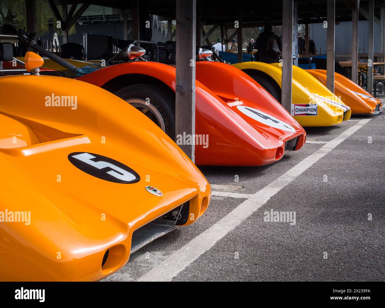 Une ligne de voitures CanAm colorées dans le paddock à la réunion des membres de Goodwood 81MM Banque D'Images