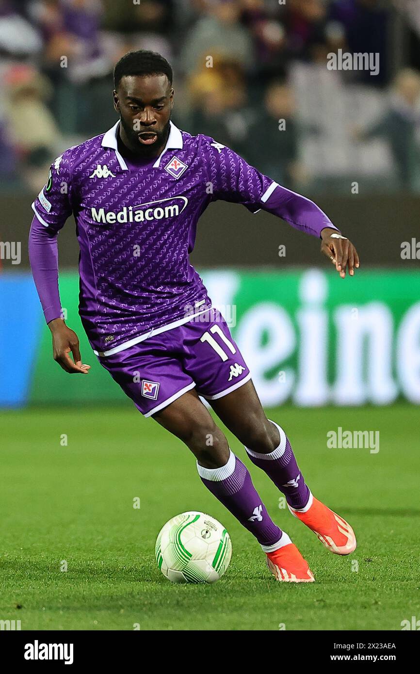 Jonathan Ikone de l'ACF Fiorentina lors du match de deuxième manche en quart de finale de l'UEFA Conference League entre l'ACF Fiorentina et le FC Viktoria Plzen au stade Artemio franchi de Firenze (Italie), le 18 avril 2024. Banque D'Images