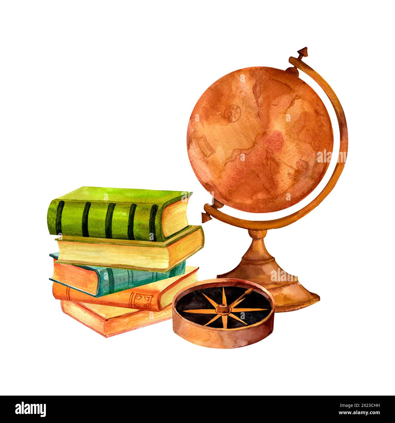 Livres vintage et outils de navigation. Boussole, un globe antique. Ensemble d'écriture illustration aquarelle dans pour les autocollants, la publicité de voyage, les flyers rétro Banque D'Images