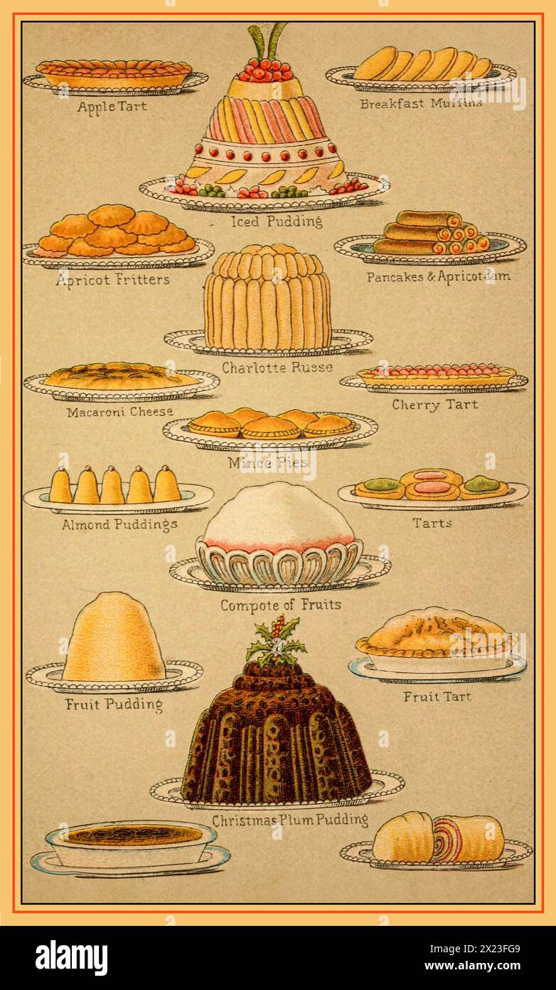VINTAGE NOËL DIVERTISSANT MME Beetons VICTORIENNE 1895 puddings et pâtisserie de Mme Beeton page livre de cuisine Vintage Food illustration couleur y compris Plum Pudding de Noël Mme Beetons puddings Livre de cuisine illustrant une grande variété de puddings victoriens anglais lithographie couleur 1890's 1900 Banque D'Images