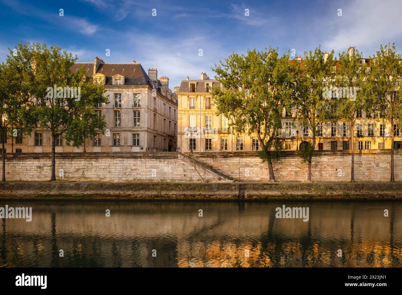 Lumière du matin sur les rives de la Seine et de l'Ile Saint Louis avec tremble. Paris (4ème arrondissement). Site du patrimoine mondial de l'UNESCO, France Banque D'Images