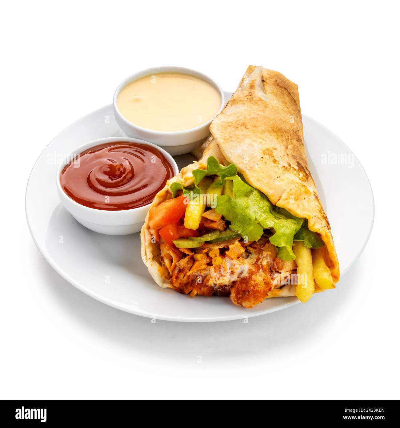 Saveurs délicieuses d'un plateau de shawarma, avec une symphonie de viande marinée, frites croustillantes, fromage fondu, cornichons acidulés, tomates fraîches, gr. feuillus Banque D'Images