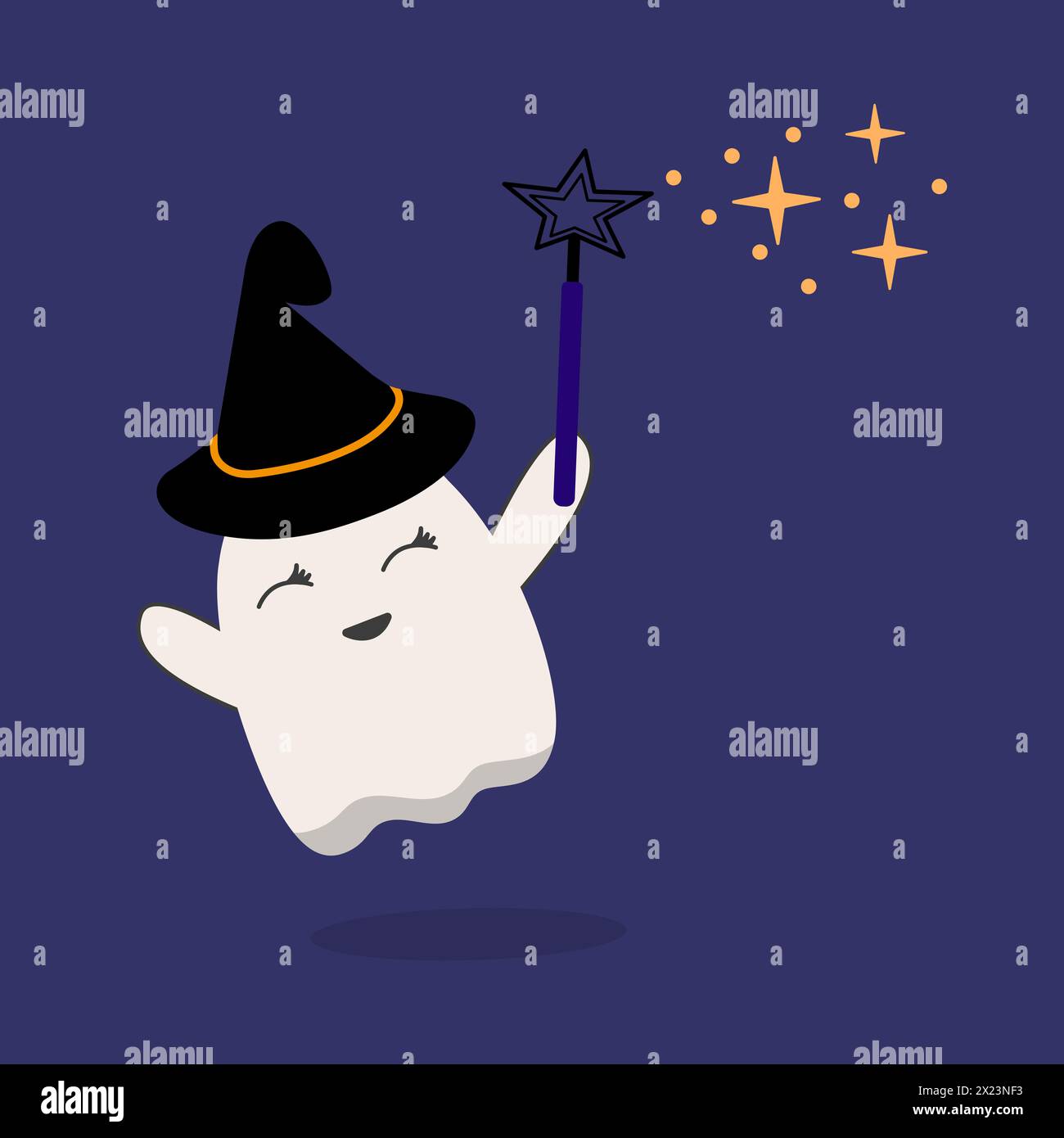 Mignon fantôme d'Halloween dans le chapeau de sorcière. Avec baguette. Fait des merveilles. Fantôme effrayant drôle, personnage de bébé souriant. Kawaii Helloween Spook, esprit dans le drap. ISO Banque D'Images
