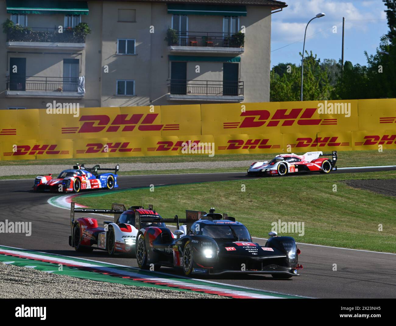 © PHOTOPQR/Ouest FRANCE/Franck Dubray ; Imola ; 18/04/2024 ; Sport automobile WEC championnat du monde d' endurance sur le circuit d' Imola en Italie. TOYOTA GAZOO RACING n° 8 pilotée par Sébastien Buemi, Brendon Hartley, Ryo Hirakawa PORSCHE PENSKE MOTORSPORT n° 5 pilotée par Matt Campbell, Michael Christensen, Frédéric Makowiecki ISOTTA FRASCHINI n° 11 pilotée par Carl Wattana Bennett, Jean-Karl Vernay, Antonio Serravalle PORSCHE PENSKE MOTORSPORT n° 6 pilotée par Kévin Estre, André Lotterer, Laurens Vanthoor (photo Franck Dubray) Championnat du monde d'Endurance FIA 2024 Banque D'Images