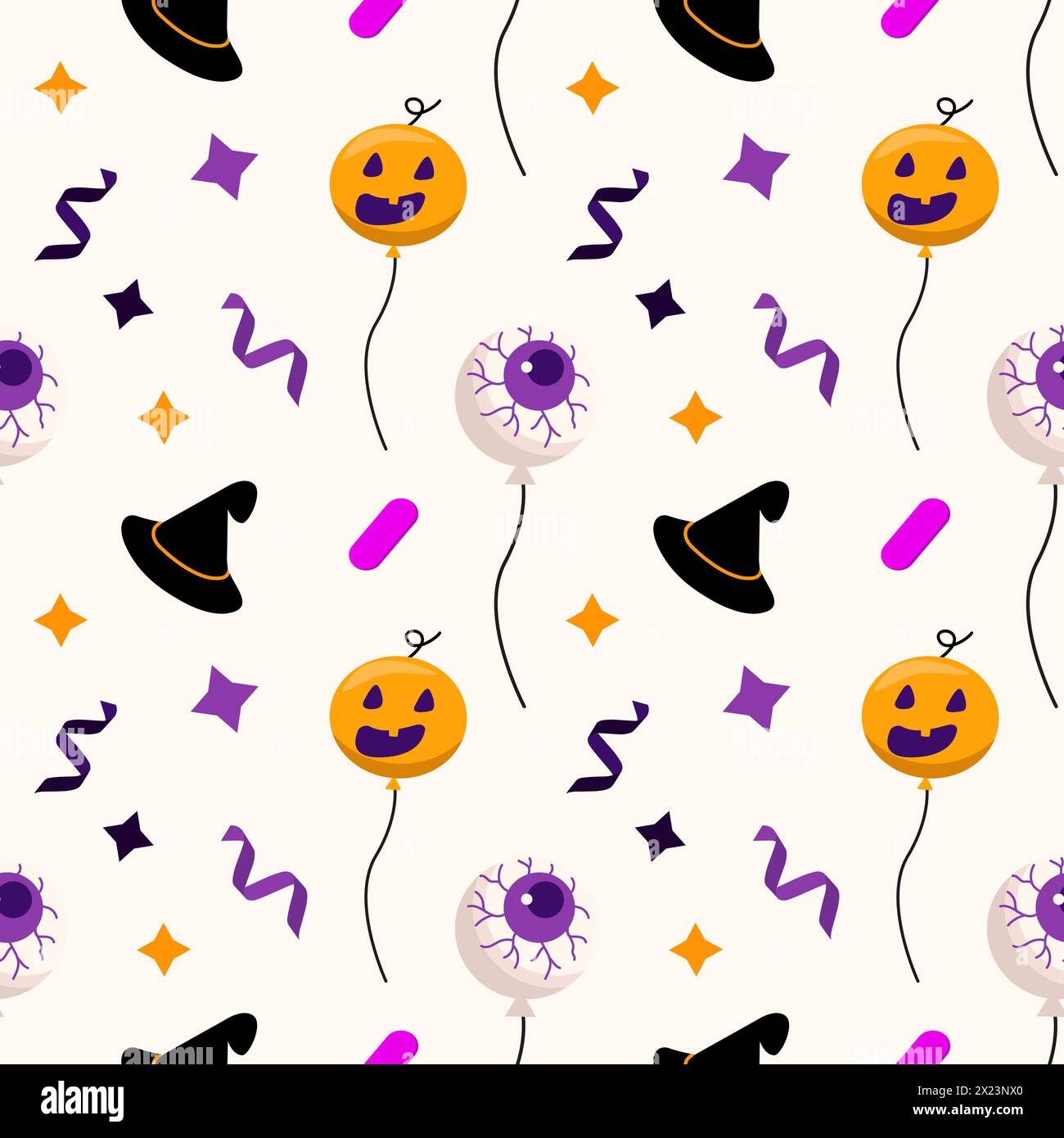 Motif sans couture d'Halloween. Isolé sur jaune clair. Vecteur pour affiche, offre, flyer, bannière, invitation, carte de voeux. Ballon, chapeau de sorcière, citrouille Banque D'Images