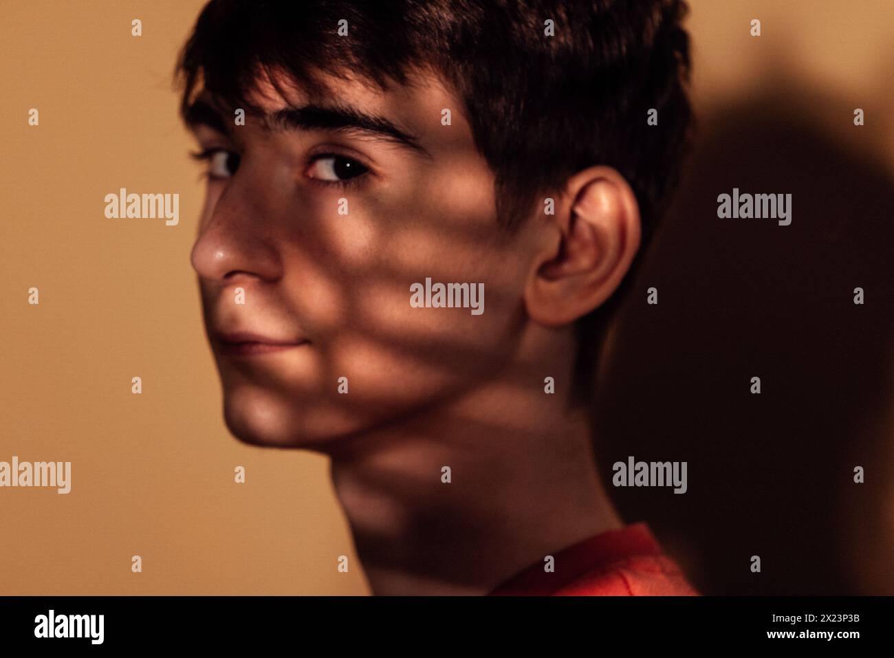 Portrait en gros plan d'un adolescent réfléchi masculin dans une lumière intérieure chaude. Un jeune homme pensif de profil avec les ombres d'une feuille jouant sur son visage. Beige Banque D'Images