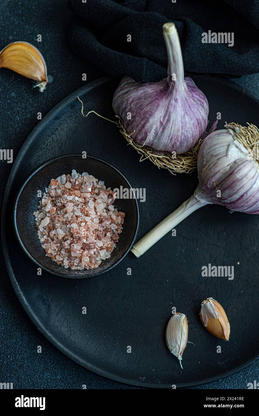 Ail sur une assiette noire Banque D'Images