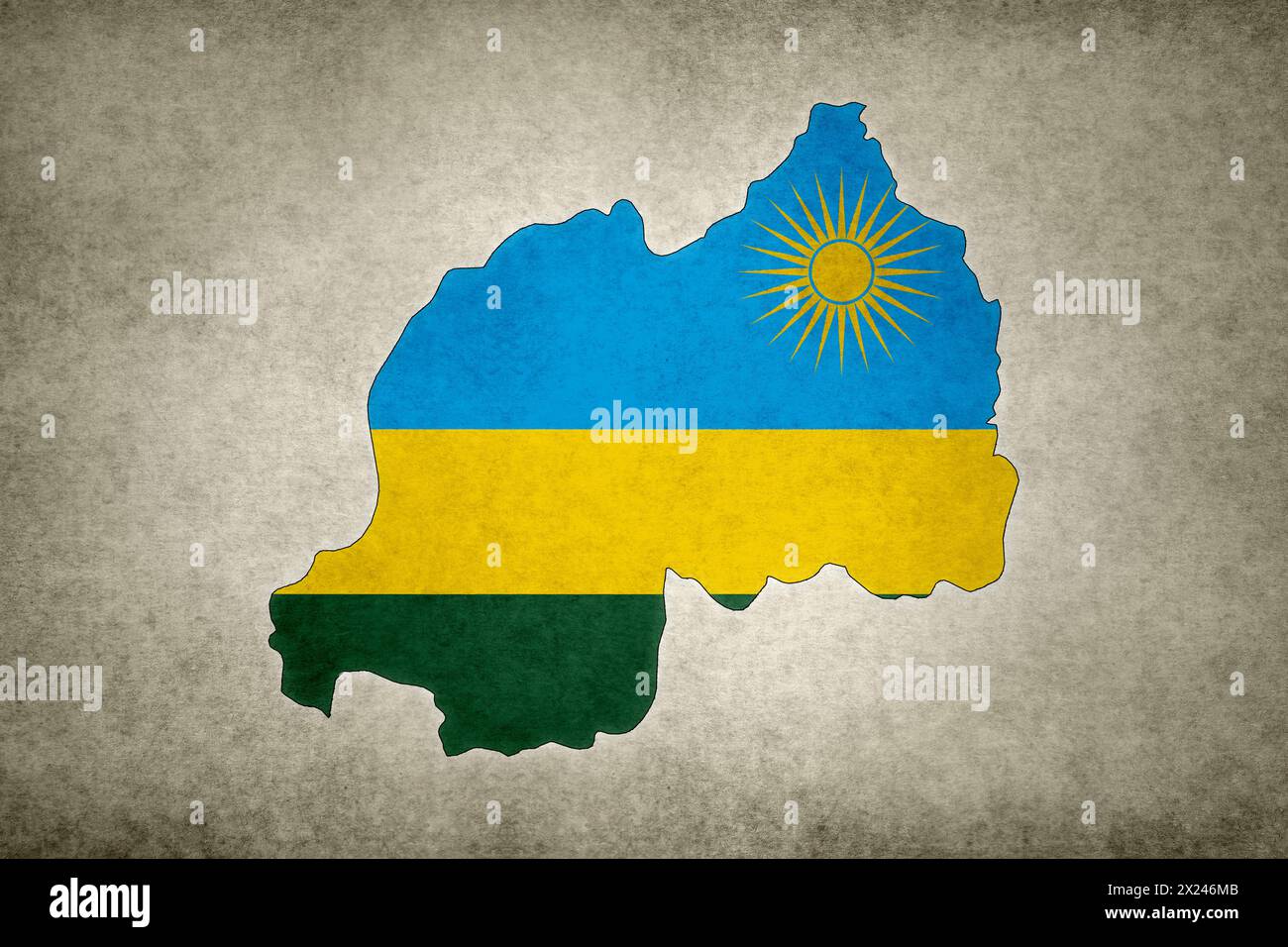 Carte grunge du Rwanda avec son drapeau imprimé à l'intérieur de sa frontière sur un vieux papier. Banque D'Images