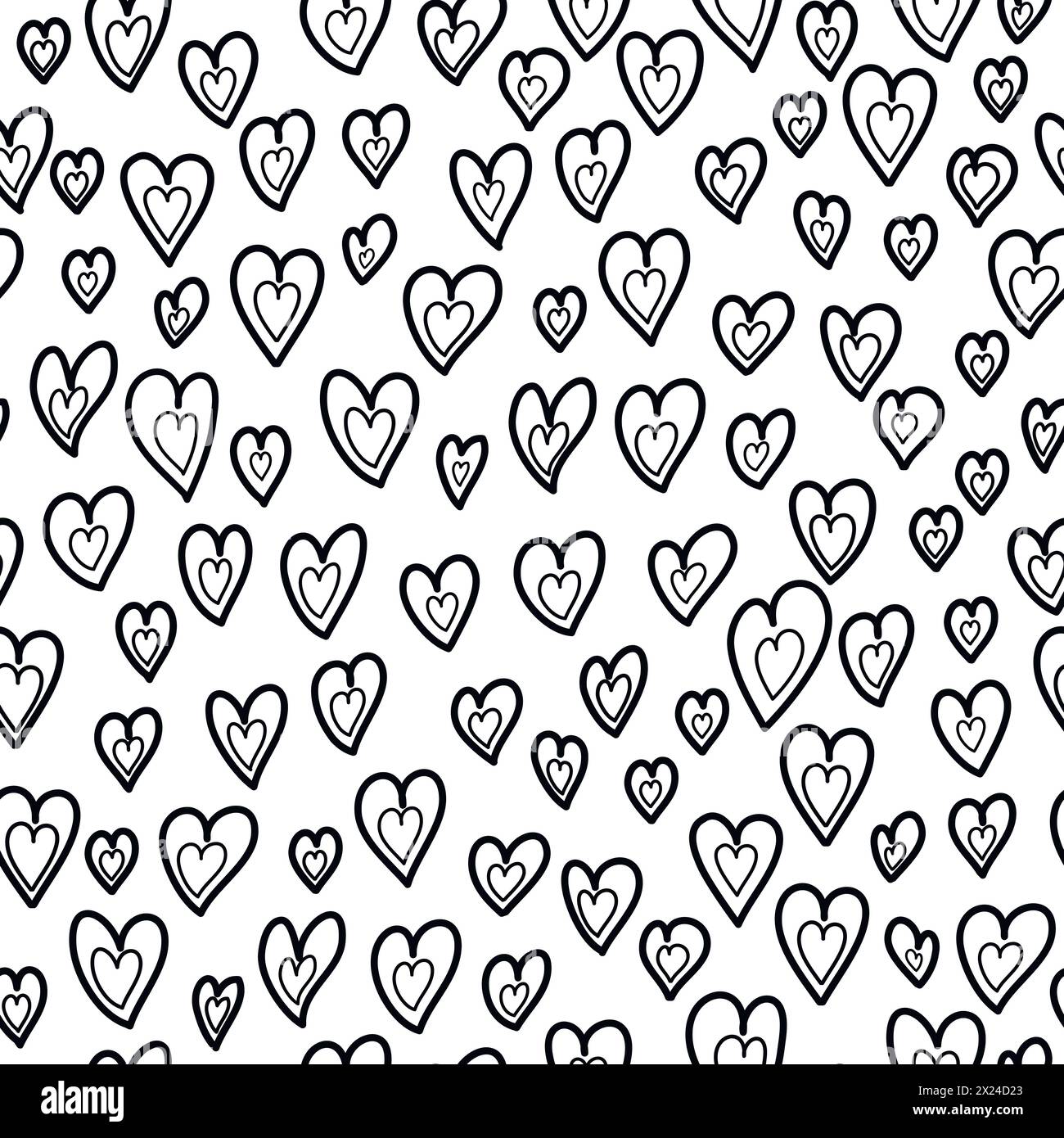 Motif coeur abstrait sans couture. Cœurs dessinés à la main. Illustration en noir et blanc. Illustration de Vecteur