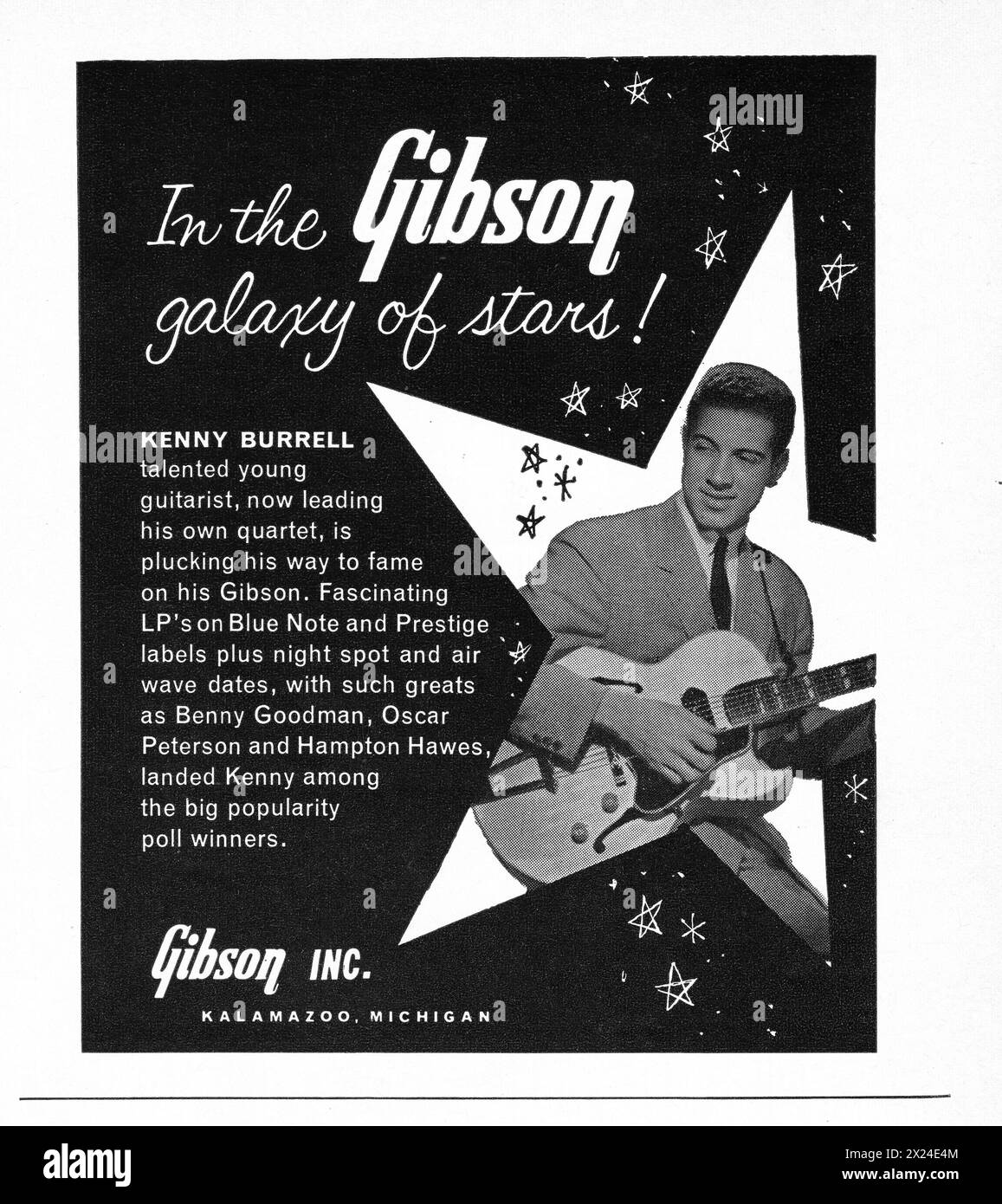 Une publicité pour les guitares Gibson mettant en vedette la légende du jazz, Kenny Burrell. D'un magazine de musique américain de 1960. Banque D'Images