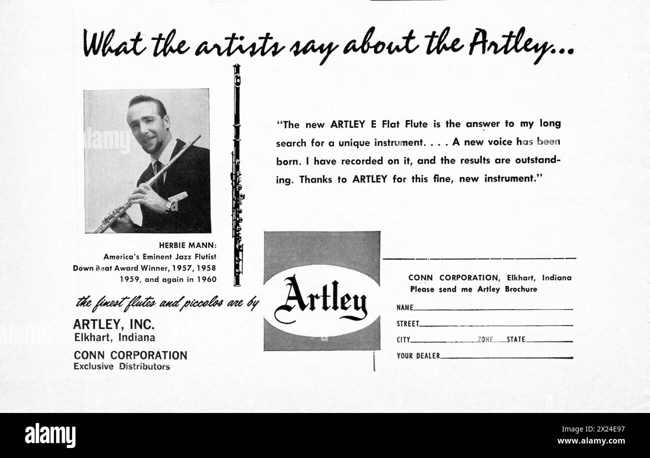 Une publicité pour les flûtes Artley approuvée par la légende du jazz, Herbie Mann. Dans un périodique musical de 1960. Banque D'Images