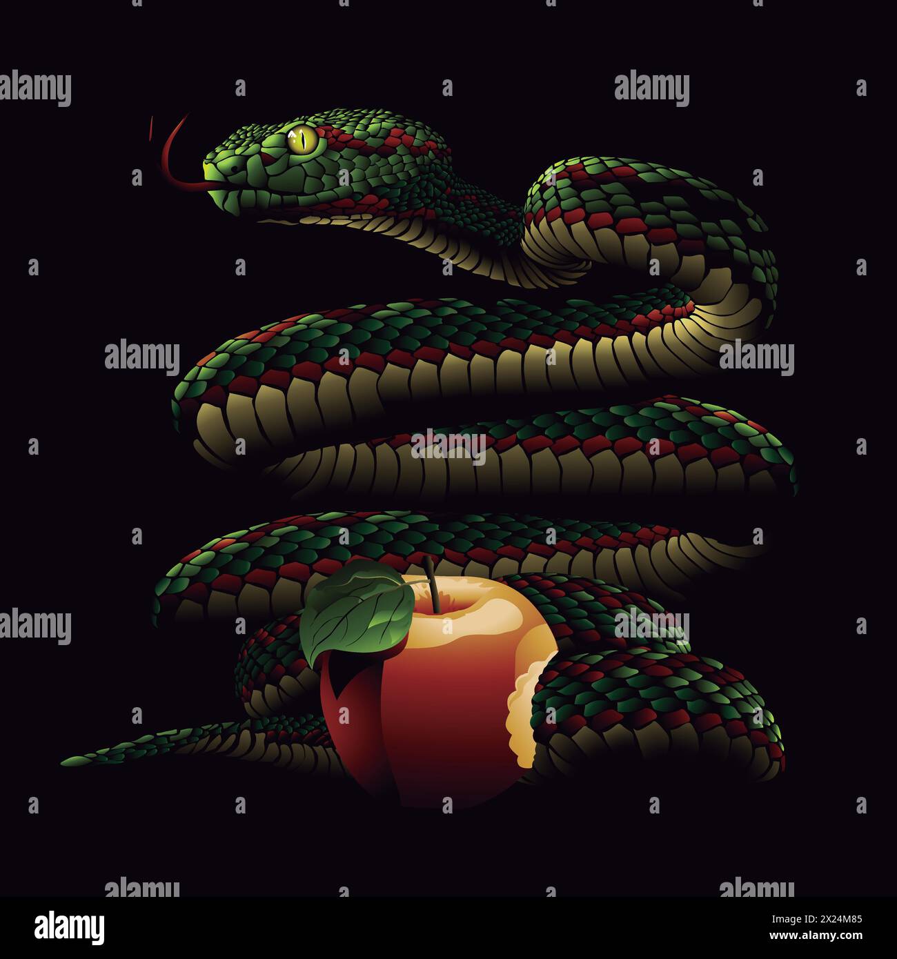 Serpent avec la pomme d'Eden, délivre-nous du mal, illustration d'art vectoriel. Illustration de Vecteur