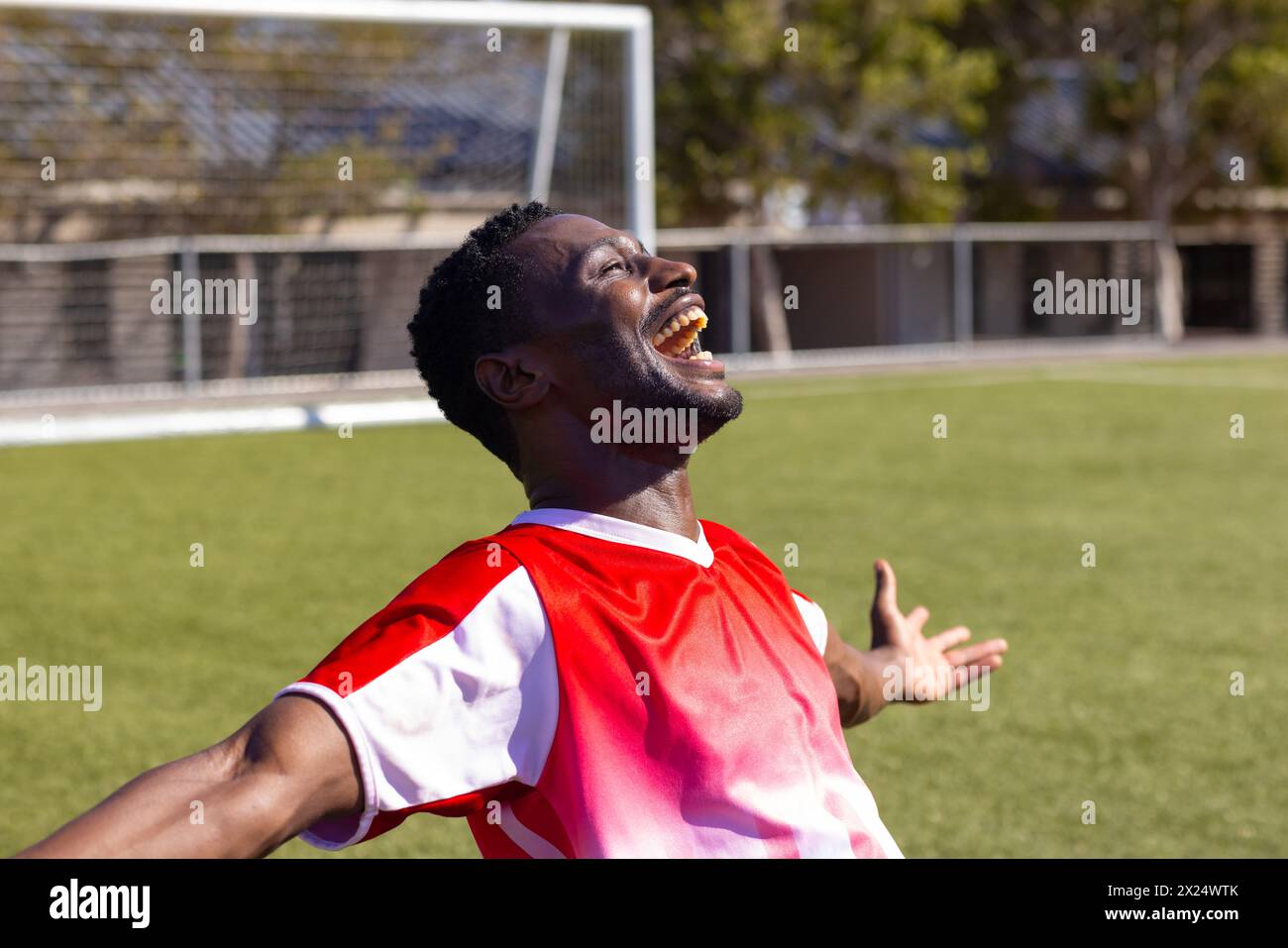Jeune athlète masculin afro-américain célébrant sur le terrain de football en plein air, espace de copie Banque D'Images