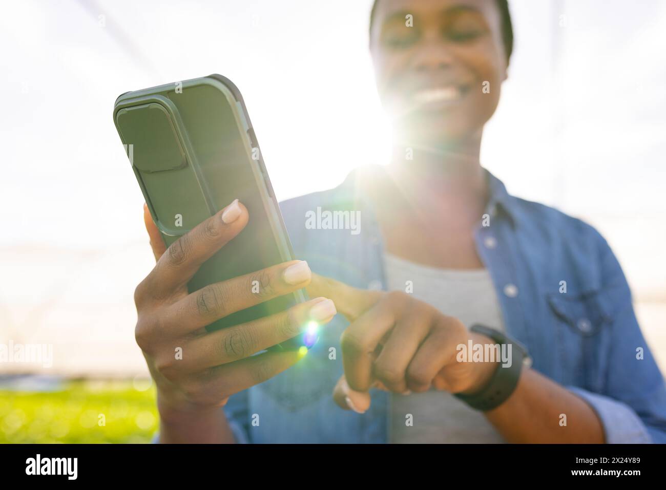 Une jeune femme afro-américaine surveillante agricole utilisant un smartphone dans une serre hydroponique Banque D'Images