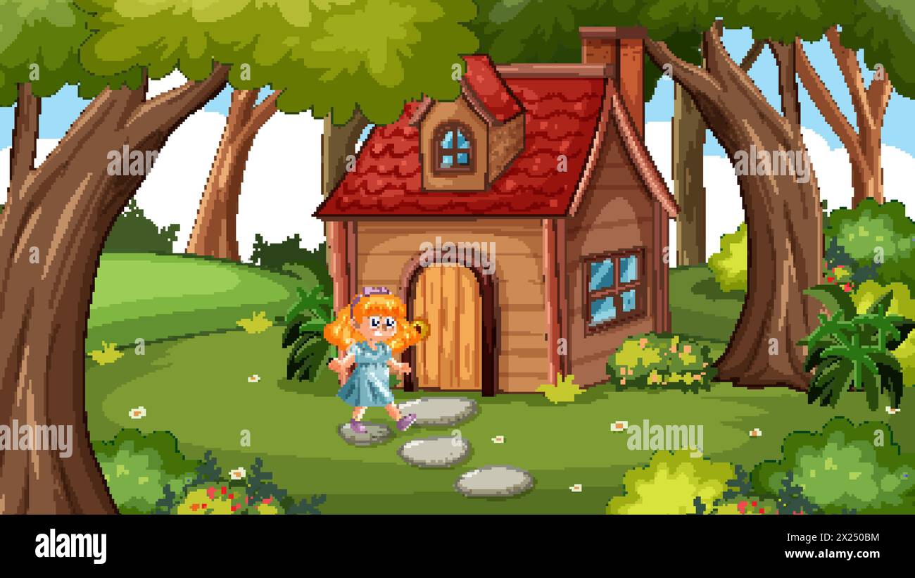Fille de dessin animé debout près d'une maison boisée fantaisiste Illustration de Vecteur
