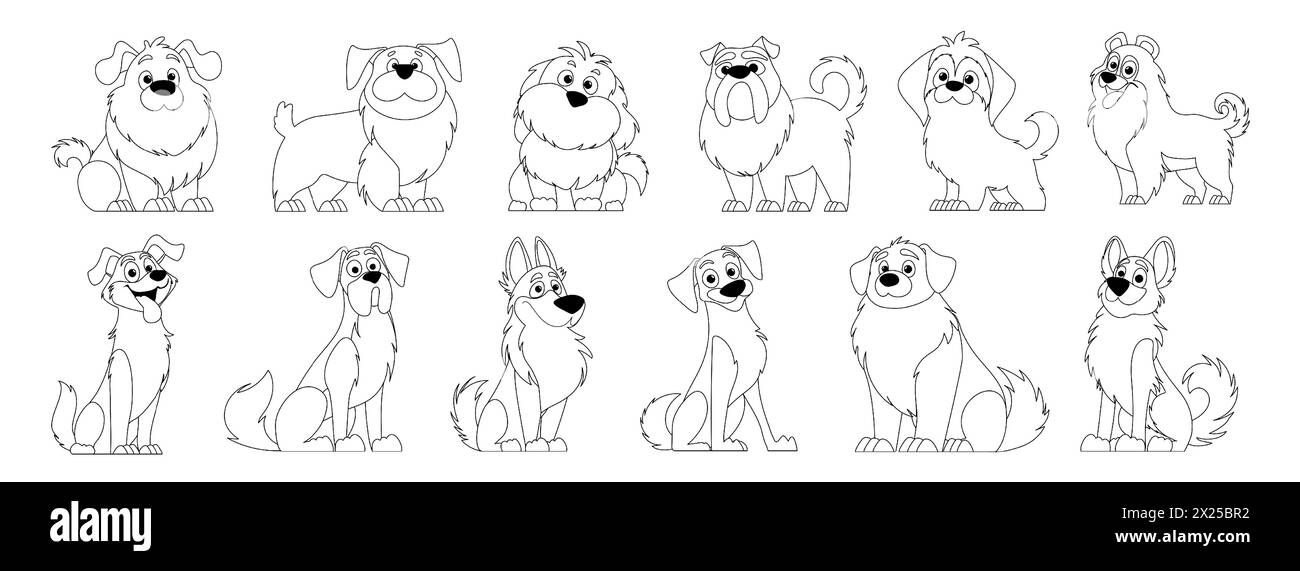Ensemble vecteur de chiens mignons dans le style lineart. Personnages de dessins animés de chiens ou de chiots créer une collection avec différentes races. Ensemble de drôles d'animaux. Illustration de Vecteur