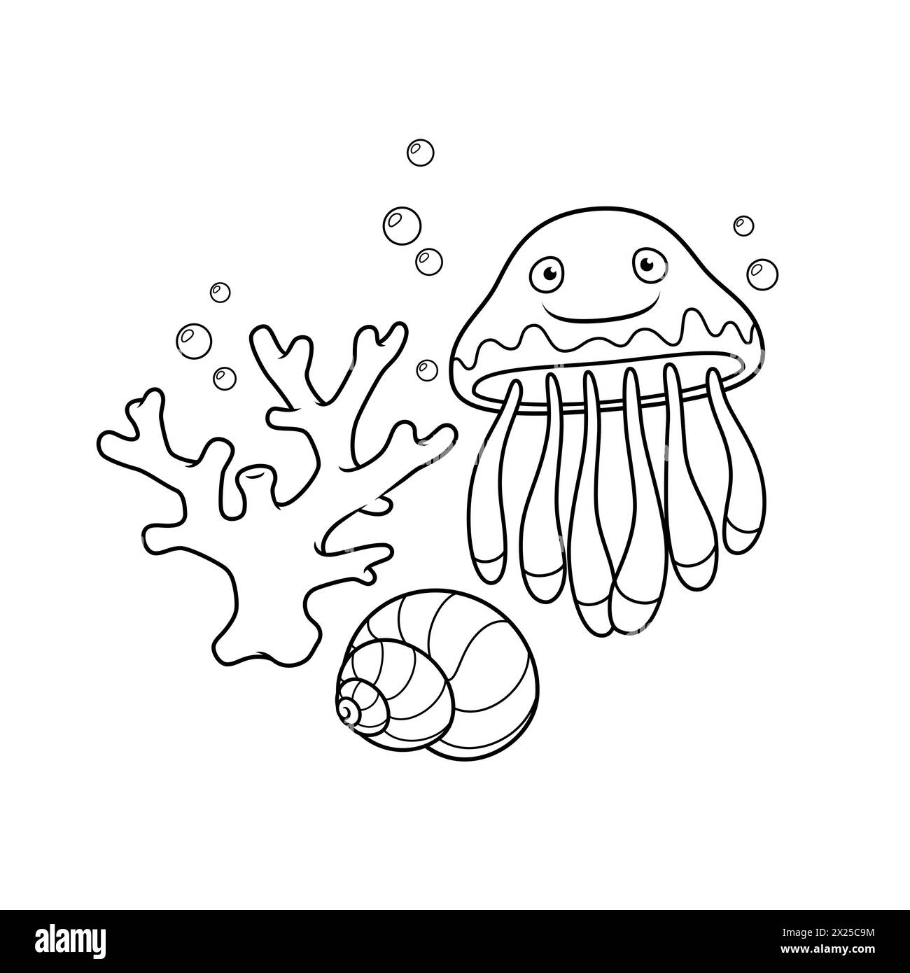 Mignonne petite méduse avec un corail et un coquillage. Coloriage vectoriel. Illustration de Vecteur